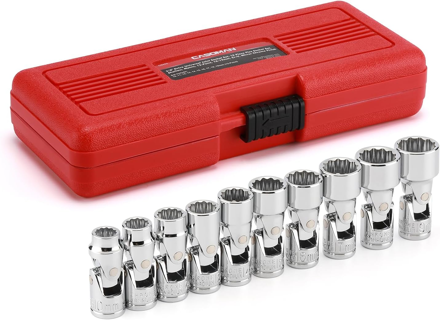 CASOMAN 3/8" Drive Universal Joint Socket Set- 10 Piece Flex Socket Set, 12-Point, Cr-V, Metric, 10-19Mm, Mirror Chrome Finish