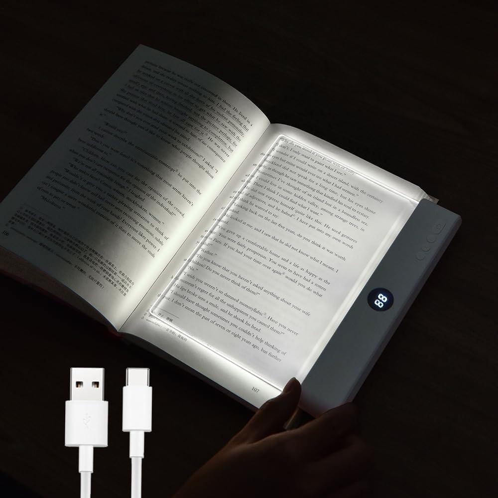 Book Light, Rechargeable Clear LED Flat Book Lights for Reading in Bed at Night with 3 Colors & Timer, Dimmable Panel Plate Books Lamp Full Page Lights, for Women Readers Kids Books Lovers