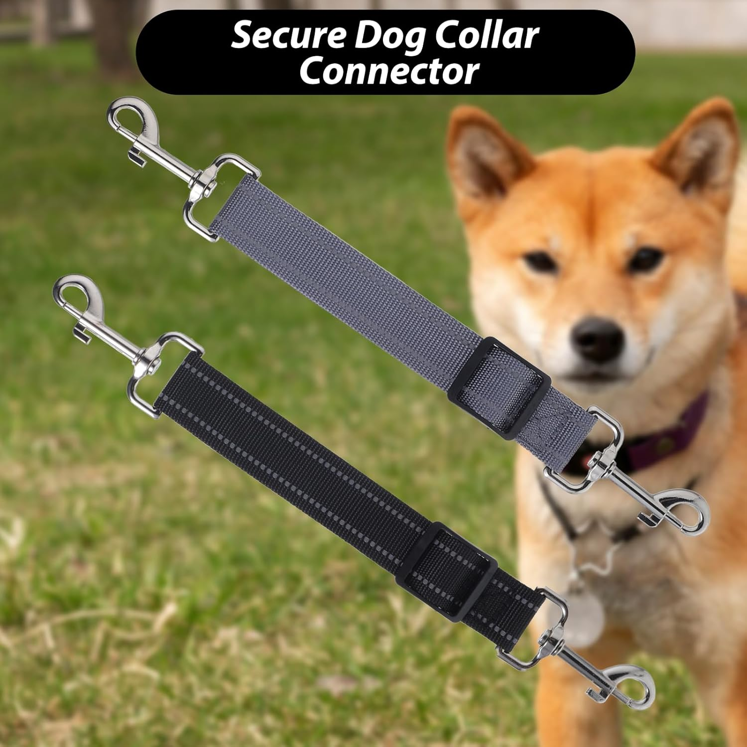 Qianyu 2 Pack Dog Safety Collar Clips Adjustable Collar Backup Clasp Leash Connector Reflective Ylon Double Ended Clasp Leash Clips for Pet Dog Puppies Harness Collar Companion Safety Clip