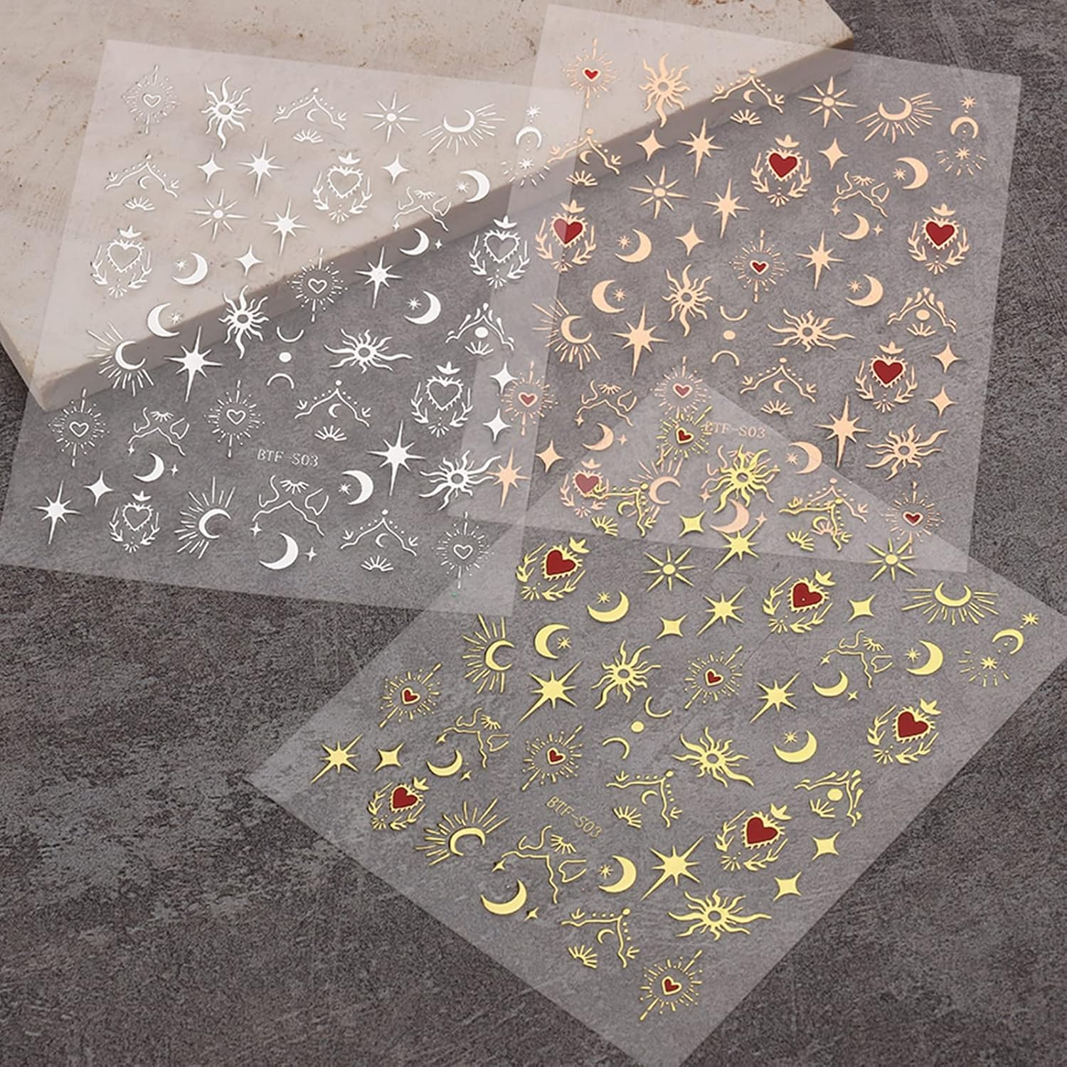 Gold Foil Love Heart Sun Moon 3D Adhesive Stickers, Moon Star Nail Art Stickers, Self-Adhesive Sun Nail Supplies, Nail Design Decoration Accessories (Gold Stamping-5Pcs) image number 1