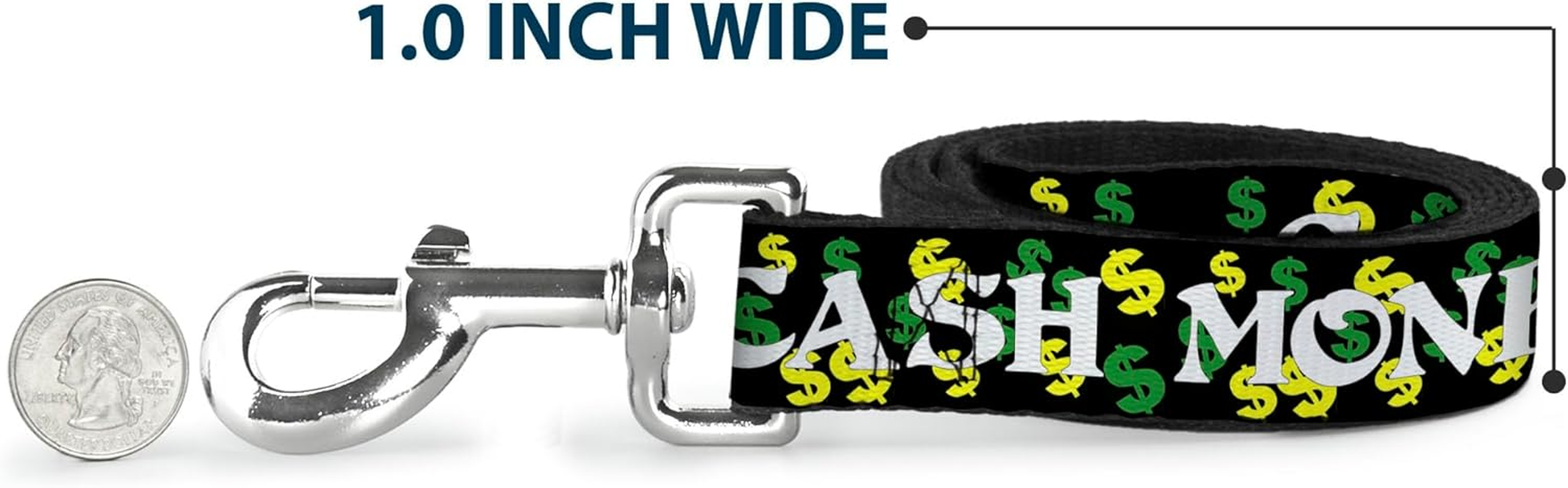 Dog Leash Cash Money Dollar Black White Yellow Green 6 Feet Long 0.5 Inch Wide