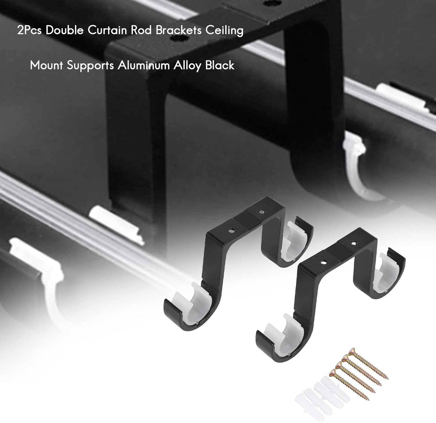 RESFNSE 2Pcs Double Curtain Rod Brackets Ceiling Mount Supports Aluminum Alloy Black image number 2