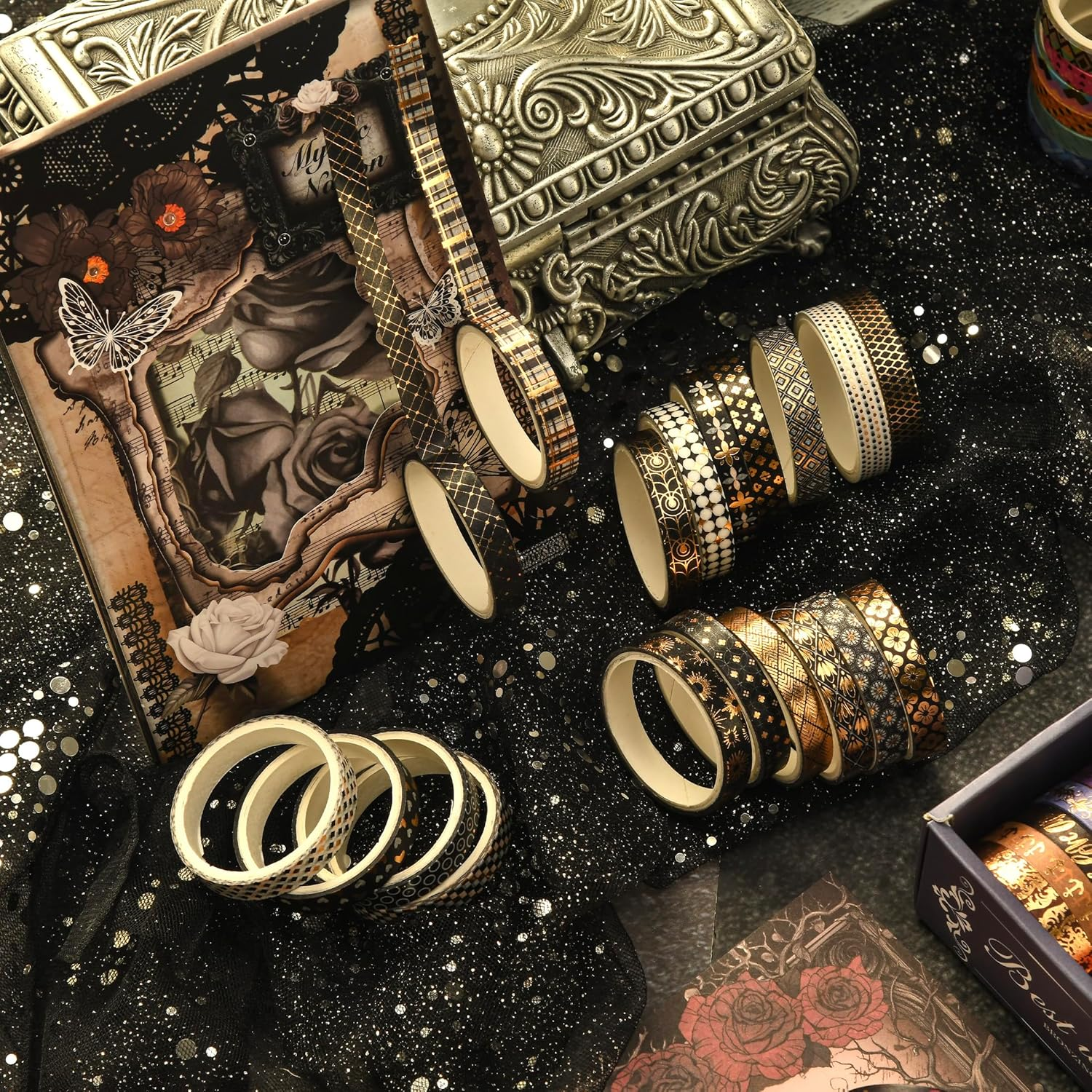 Songdao 36 Rolls Skinny Washi Tape Set Gold Foil Detailing Arts Adhesive Tapes Basic Patterns Decorative Masking Tape Sets for Craft, Kids, Scrapbook, DIY, Gift Wrapping (Black & Gold) image number 3