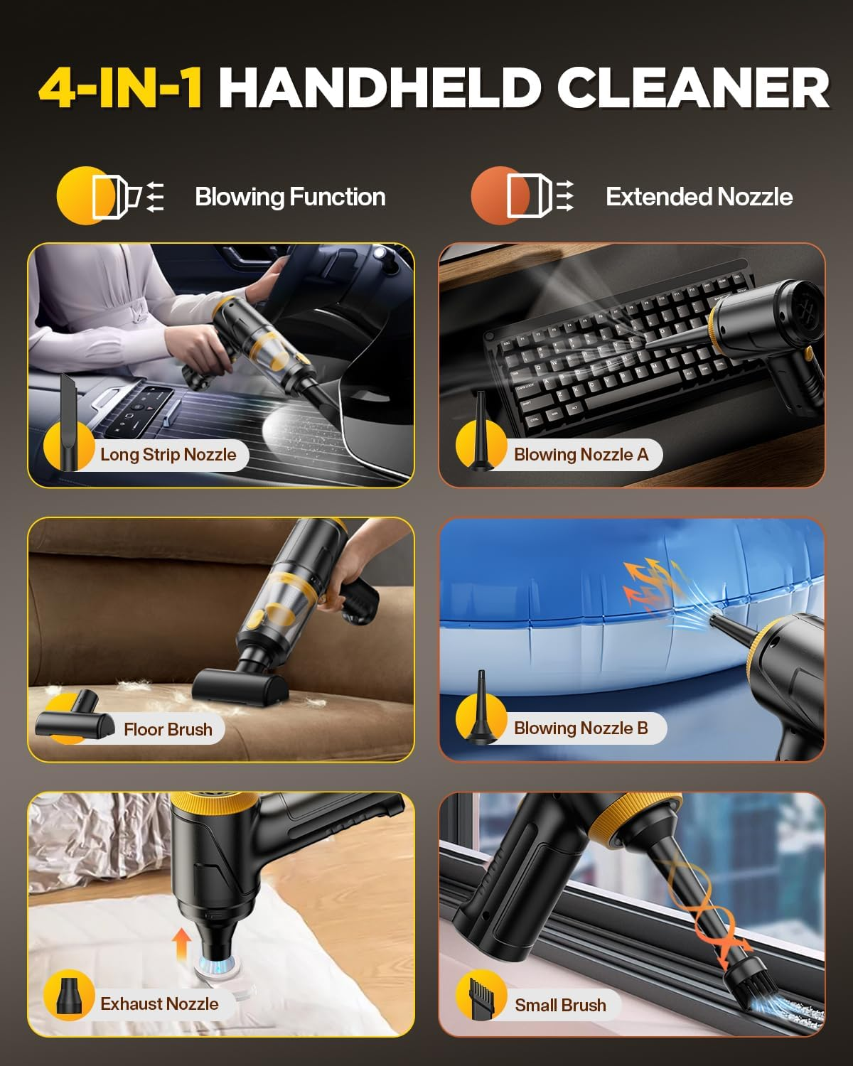 Car Vacuum Cleaner 21000Pa Suction with Brushless Motor, 4-In-1 Portable Mini Vacuum with 2 Suction Modes, Cordless Vacuum with LED Light, Type-C Charge for Car, Office Desk, Keyboards image number 5