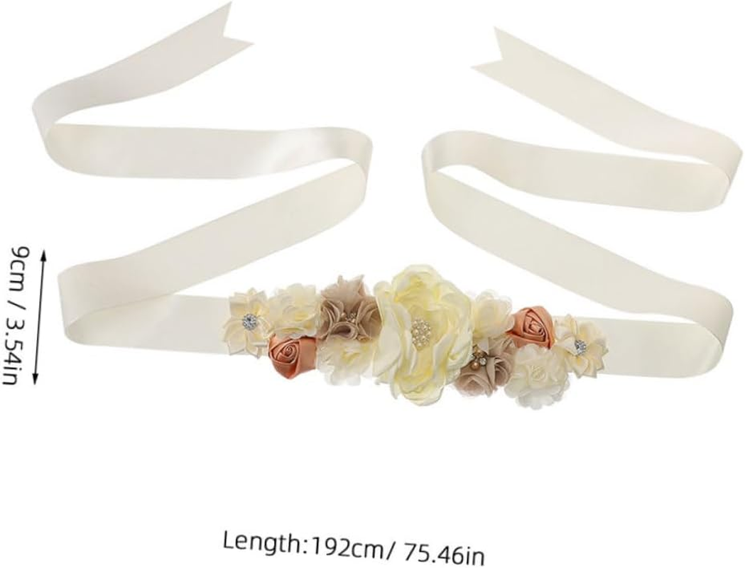 2Pcs Floral Satin Ribbon Maternity Sash Belt for Shower Pregnancy Photoshoot Belly Band Rhinestones for Expectant Mothers Beige image number 3