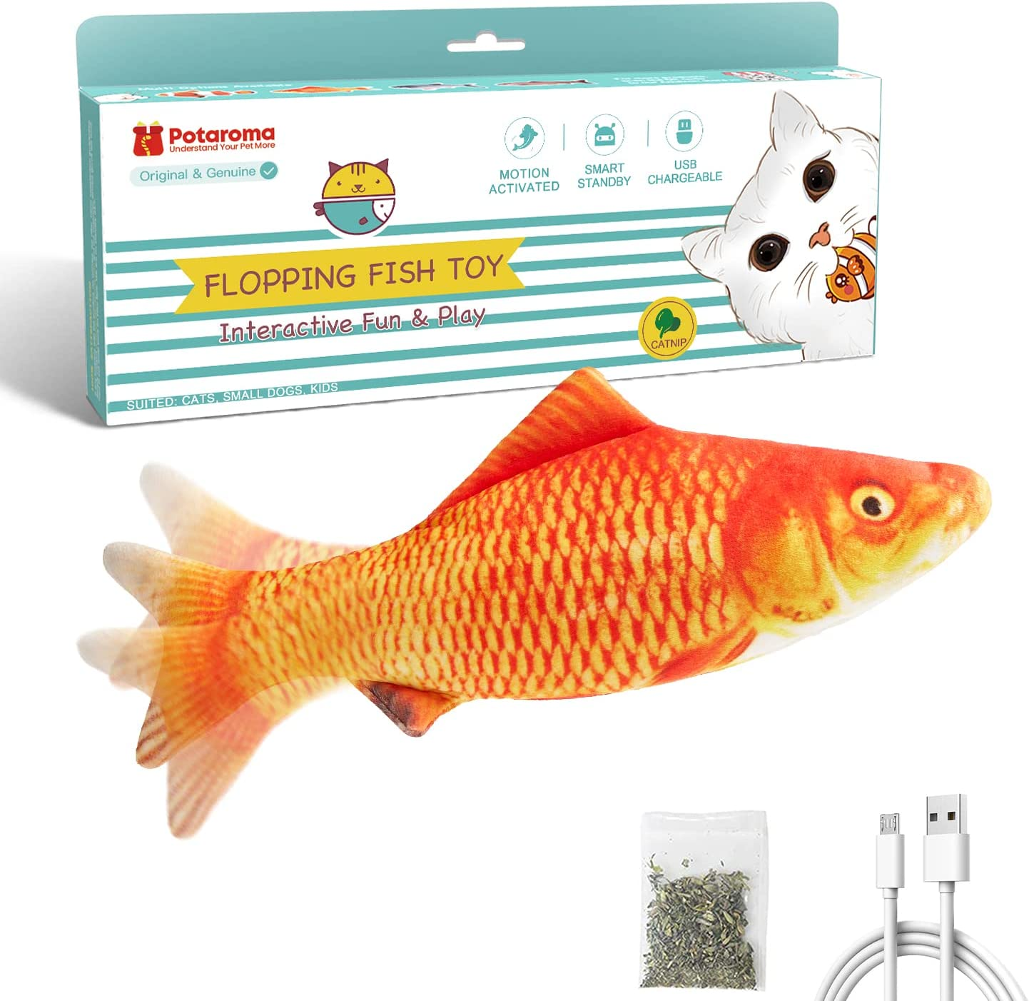 Potaroma Cat Toys Flopping Fish with Silvervine and Catnip, Moving Cat Kicker, Floppy Wiggle Fish for Small Dogs, Motion Kitten Toy Interactive Cat Exercise Toys, Mice Animal Toys 10.5"