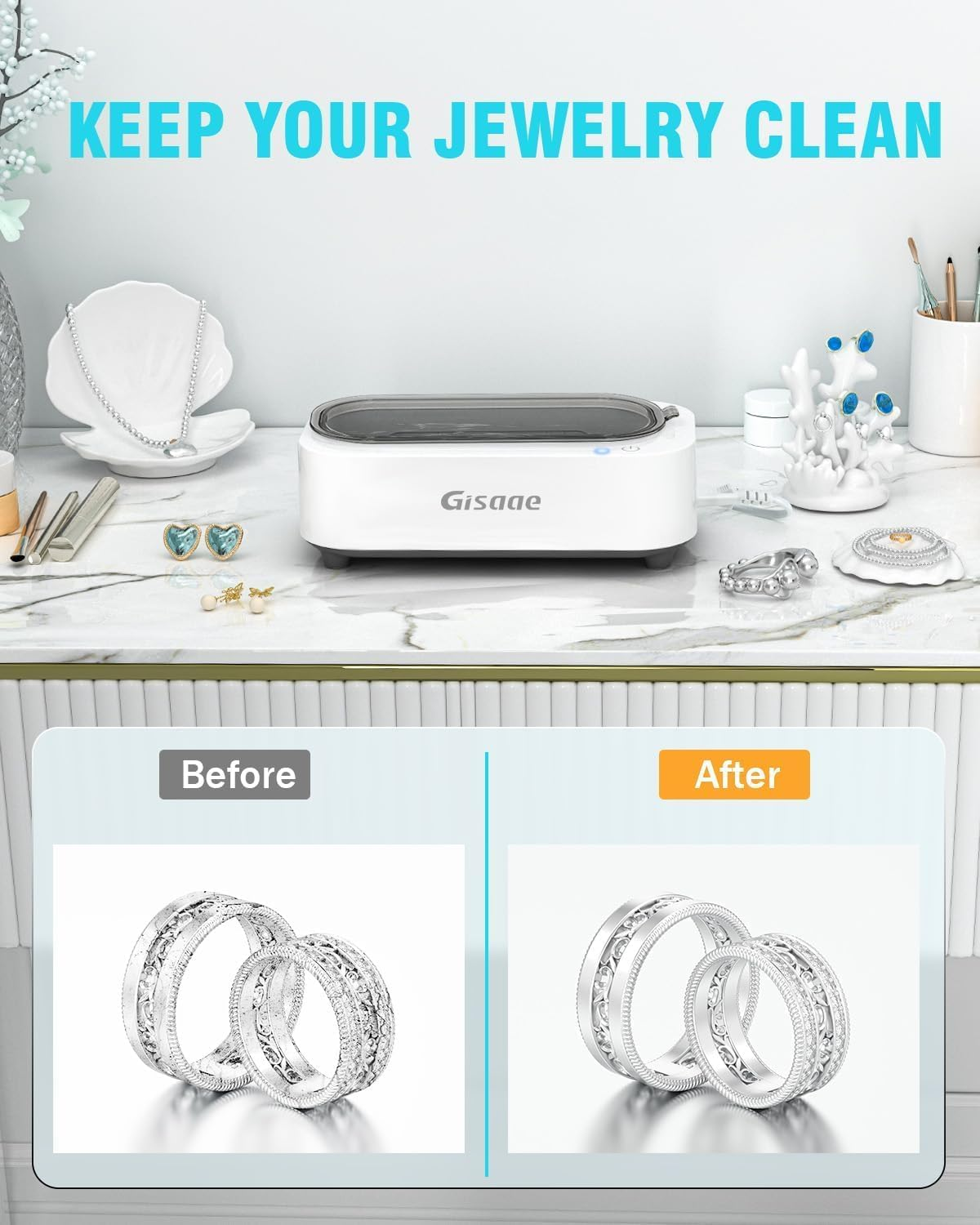 Gisaae Ultrasonic Jewelry Cleaner, 11.8Oz(350Ml) Portable Ultrasonic Cleaner with 2 Modes, 48Khz Jewelry Cleaner Ultrasonic Machine for Glasses, Ring, Watch Band, Retainer, Dentures, Coin, Razor image number 2