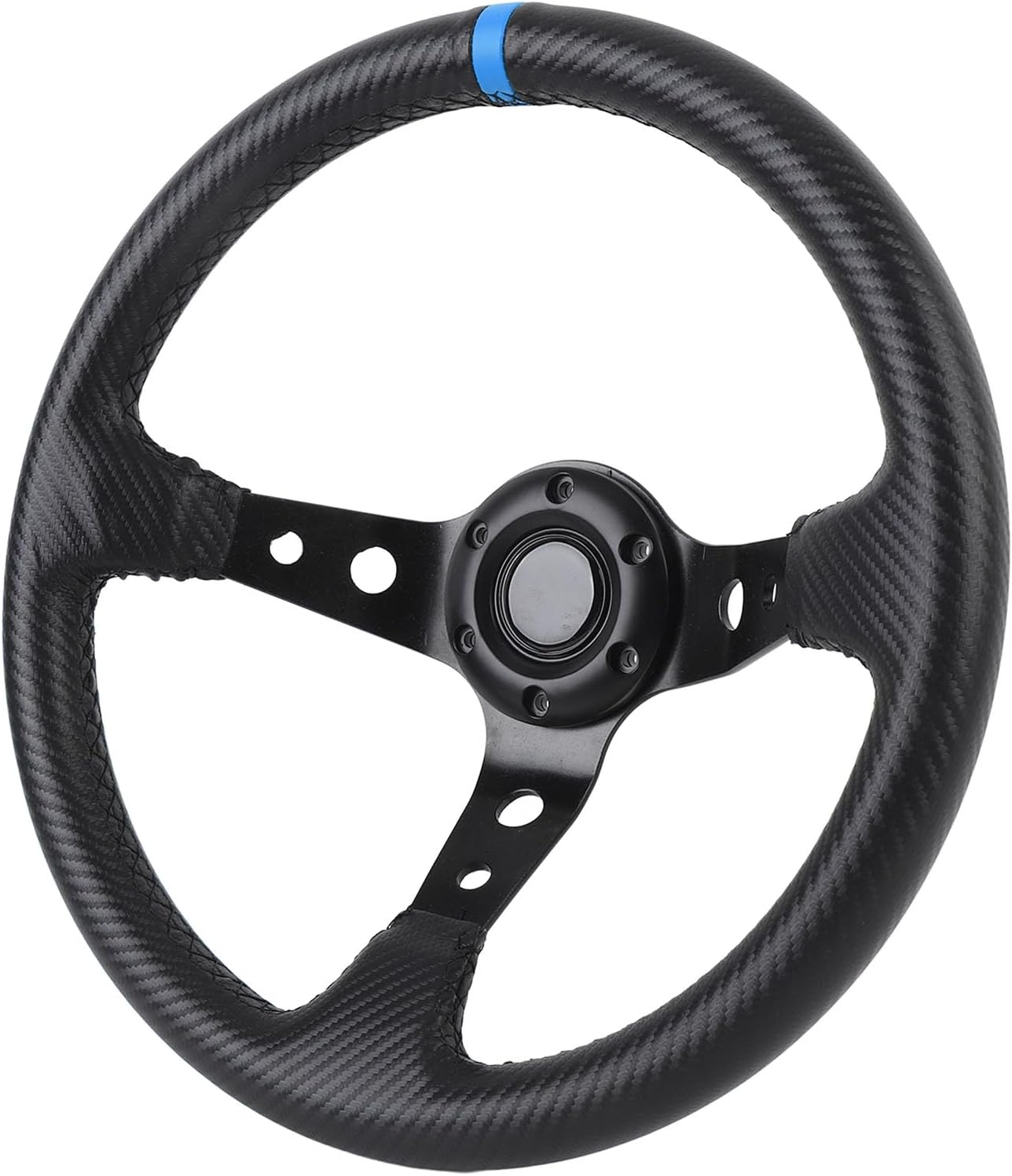 Jiawu 14In Blue Universal Car Racing Steering Wheel, Pvc+Aluminum, Carbon Fiber Look, Compatible with Passenger Car, Truck, SUV, Van - Blue image number 5