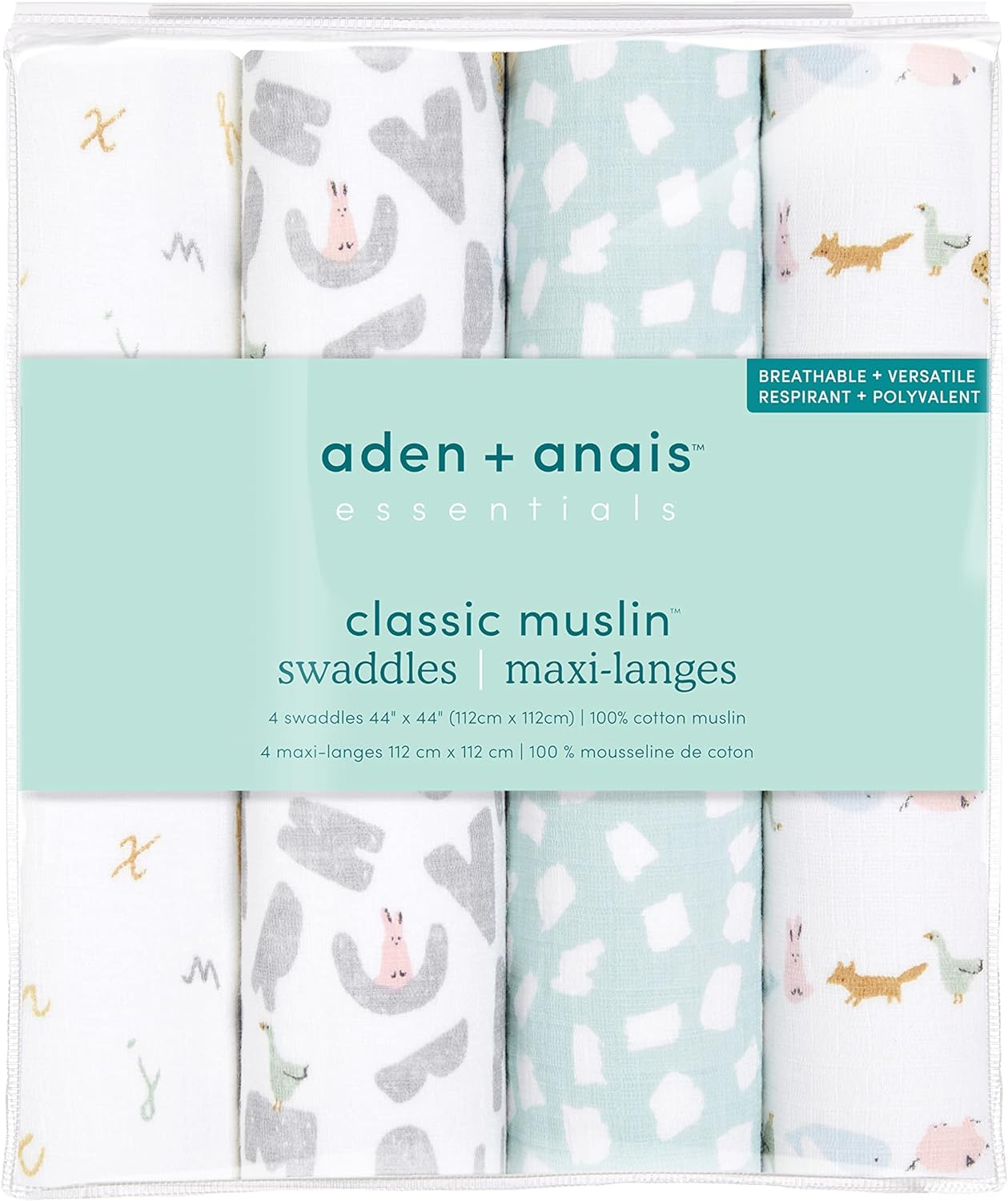 Aden + Anais Essentials Swaddle Blanket, Boutique Muslin Blankets for Girls & Boys, Baby Receiving Swaddles, Ideal Newborn & Infant Swaddling Set, Perfect Shower Gifts, 4 Pack, Alphabet Animals image number 5