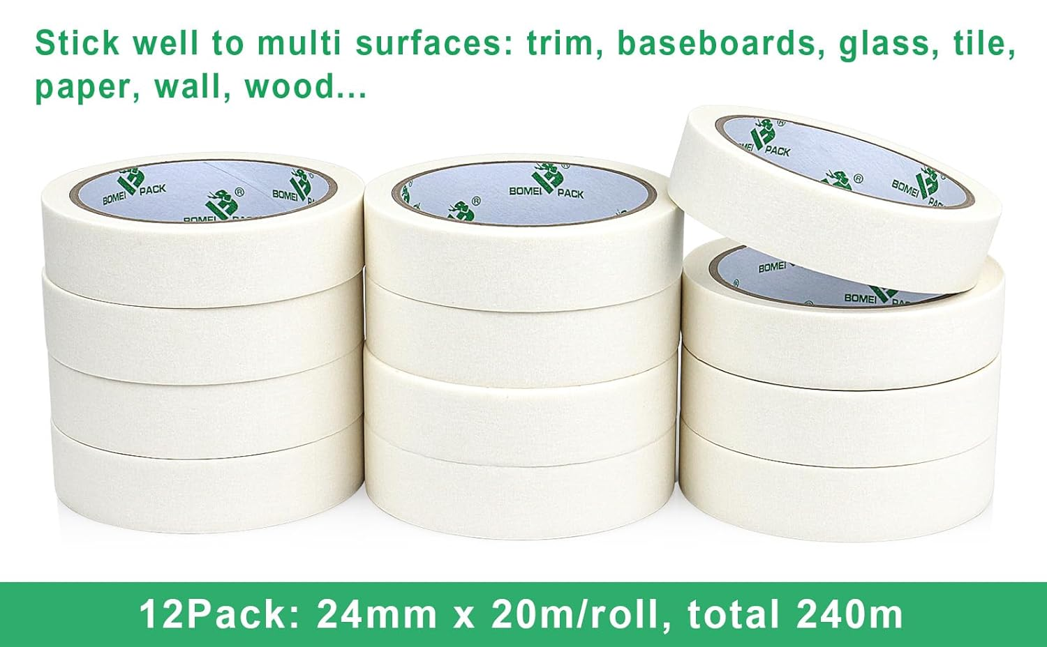 BOMEI PACK White Masking Tape Decorative Writable White Painters Tape for Arts & Crafts,12 Rolls Pack, 24Mm X 20M per Roll