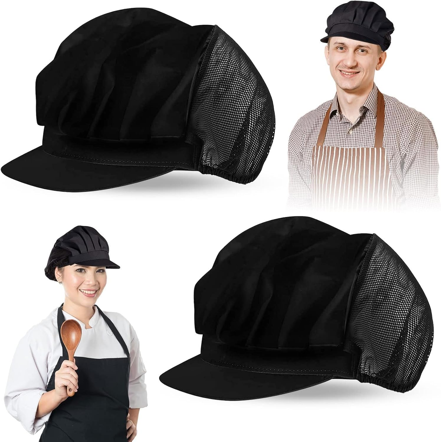Hair Nets with Brim, 2PCS Elastic Chef Hats for Women & Men, Kitchen Hairnets for Food Service, Adjustable Black image number 2