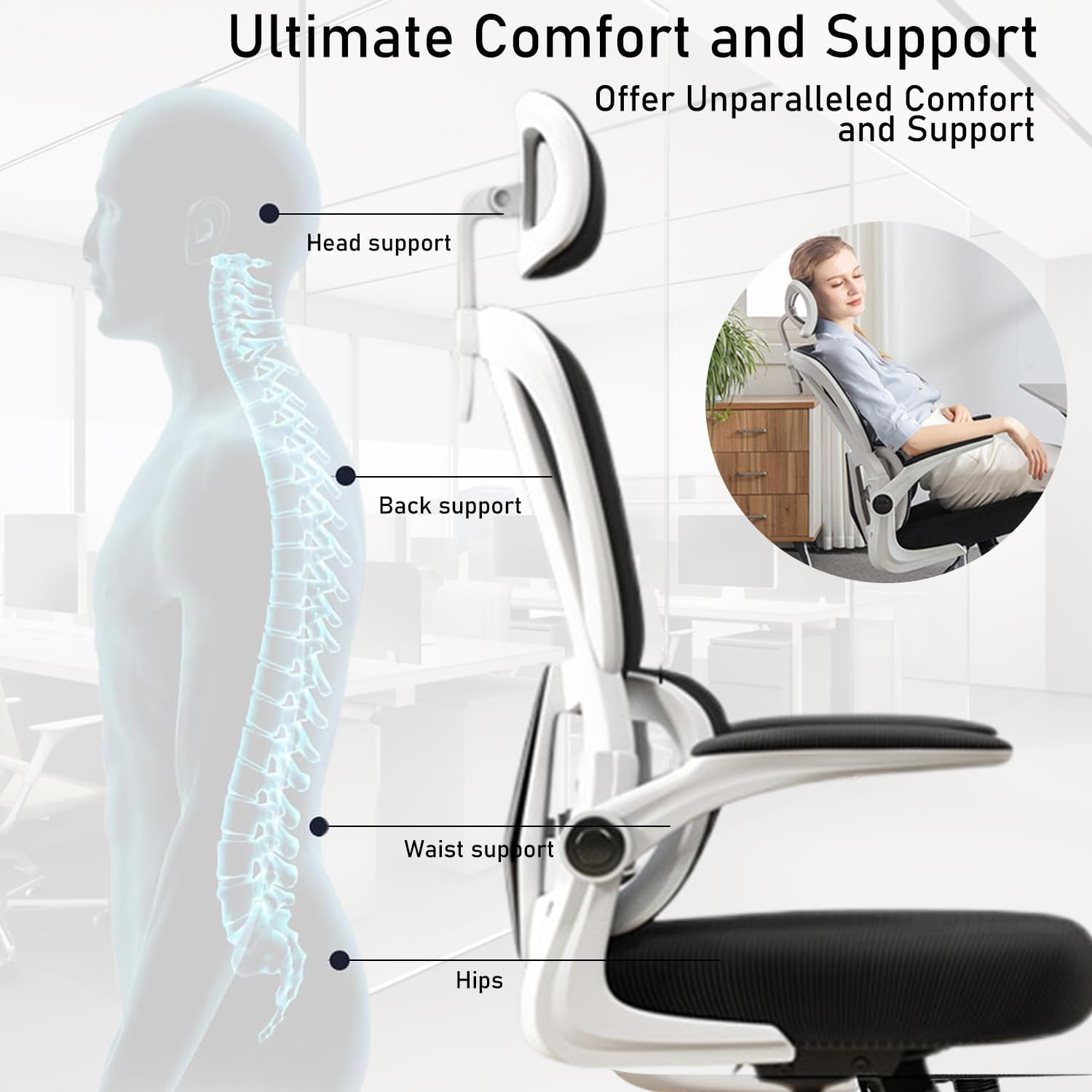 Uandhome Office Chair,Ergonomic Desk Chair,Home Office Desk Chair with Adjustable Headrest & Armrests,Computer Desk Chair,Comfortable Lumbar Support,Breathable Cushion for Home,Meeting(Black) image number 2