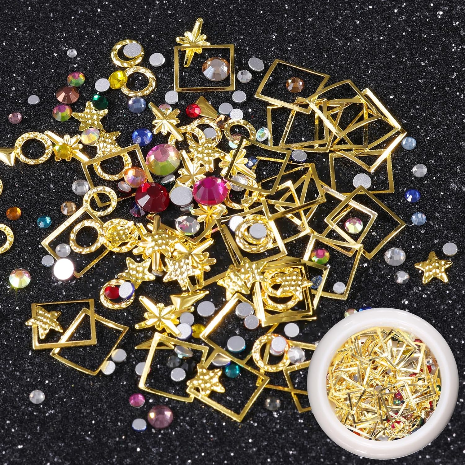 (Micro Mini Stones Kit) - Edittime 6 Wheels Mixed Sparkle Nail Art Rhinestones Diamonds Crystals Beads Artificial Pearls and Gold Silver Nail Studs Gems Metal Rivets Charms Hollow Moon Star Shaped image number 2