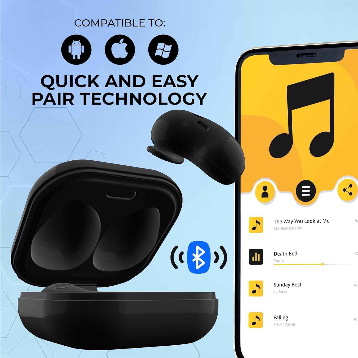 Coby Ultra-Slim True Wireless Earbuds, Ergonomic Bluetooth Earphones with Built-In Microphone, Sweat-Resistant Design and Touch Controls, 33-Foot Range, 5-Hour Playtime, Black image number 1