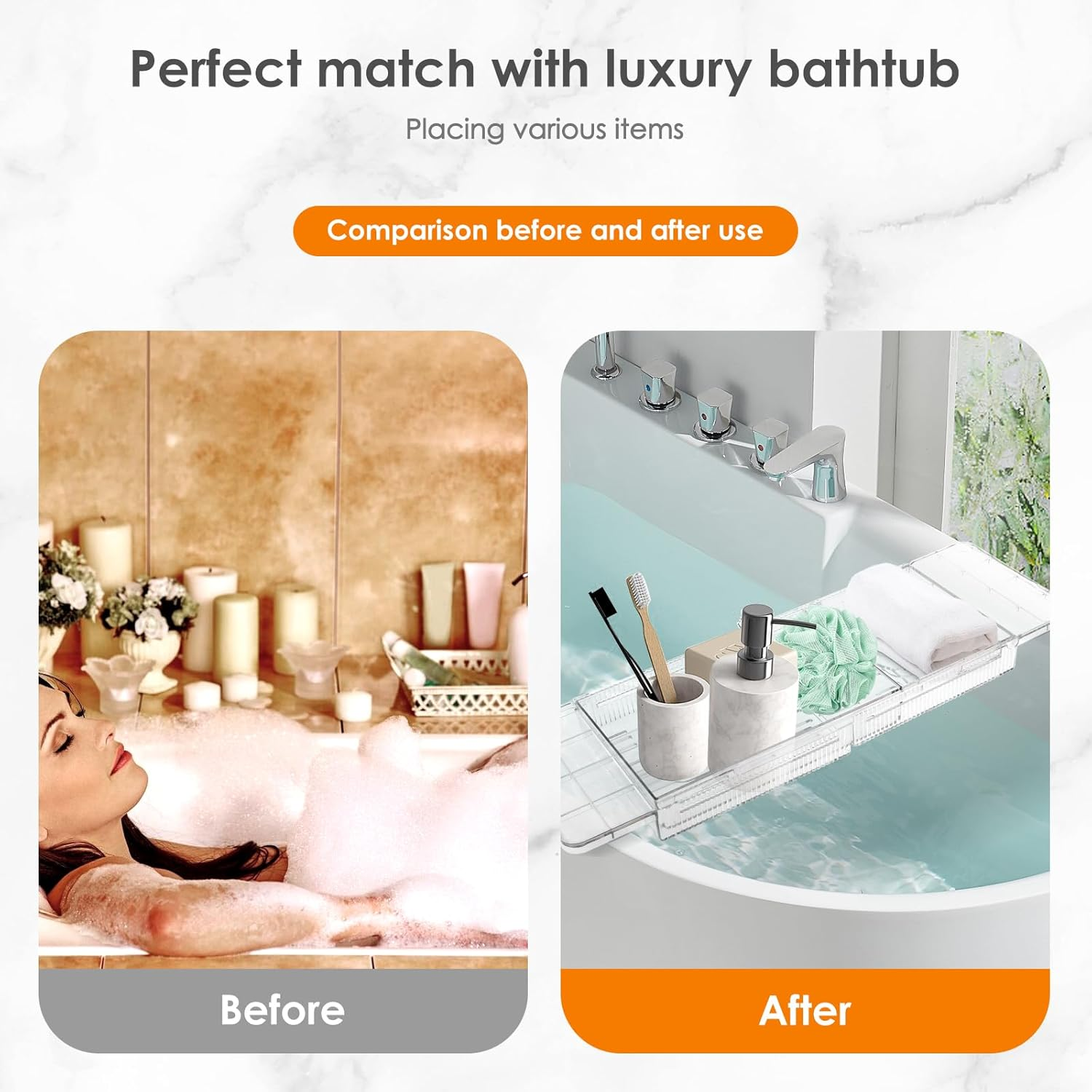 Expandable Bathtub Caddy Tray 56.5Cm to 80.5Cm Adjustable Length Clear Bathtub Tray Plastic Drain Bath Shelf Caddy Adjustable Plastic Bathtub Caddy Bathroom Tray Bathtub Accessories image number 1