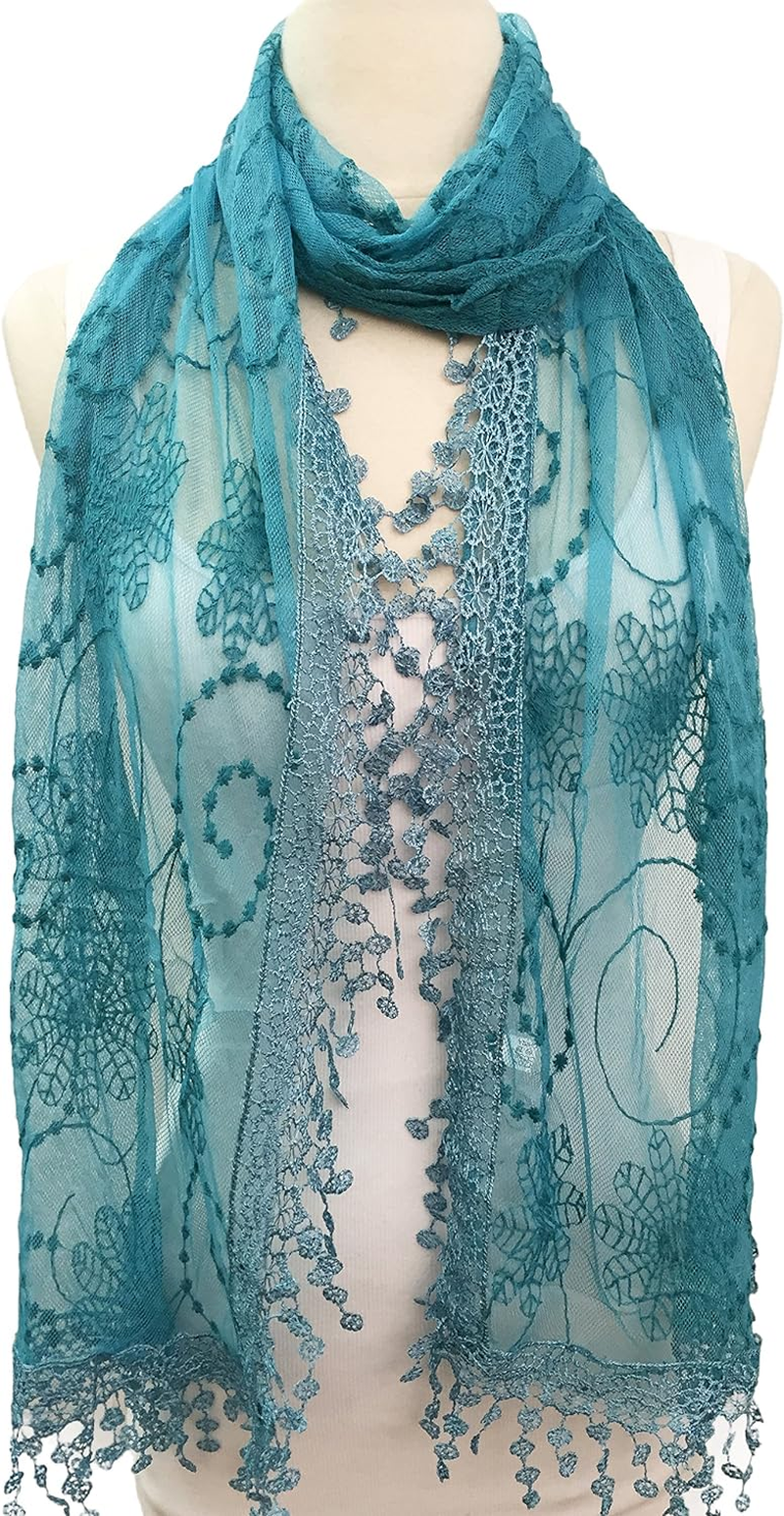 Women'S Lightweight Feminine Lace Teardrop Fringe Lace Scarf Vintage Scarf Mesh Crochet Tassel Cotton Scarf for Women