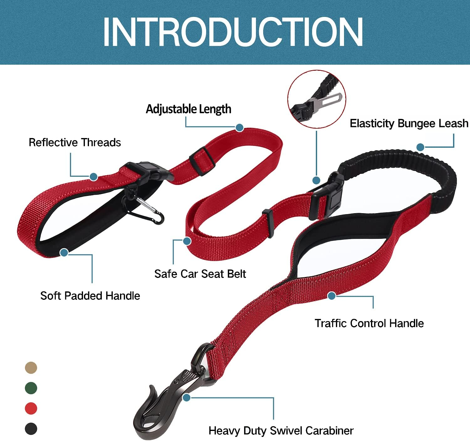 LOS ANDES Heavy Duty Dog Leash - 5-8 FT Walking Leash with Traffic Handle, Shock Absorbing Bungee, Reflective Lead for Medium & Large Dogs, Red image number 2