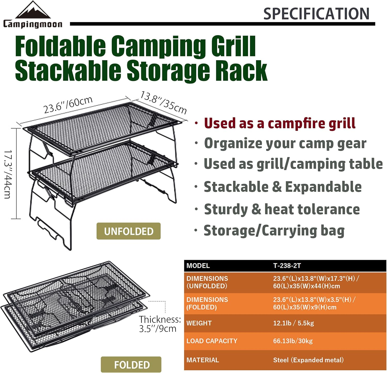 CAMPINGMOON 2Pcs Campfire Grill Storage Rack Camping Grill Steel Foldable Stackable T-238