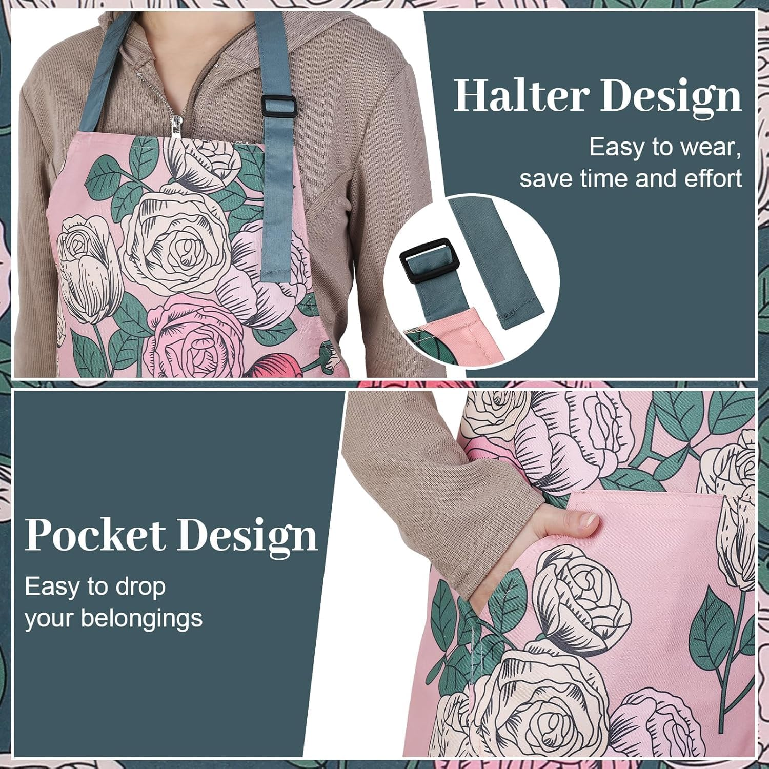 3 Pack Floral Aprons for Women with Pockets, Women Aprons Waterproof Adjustable Cooking Aprons for Kitchen, Gardening, Baking, Salon image number 1