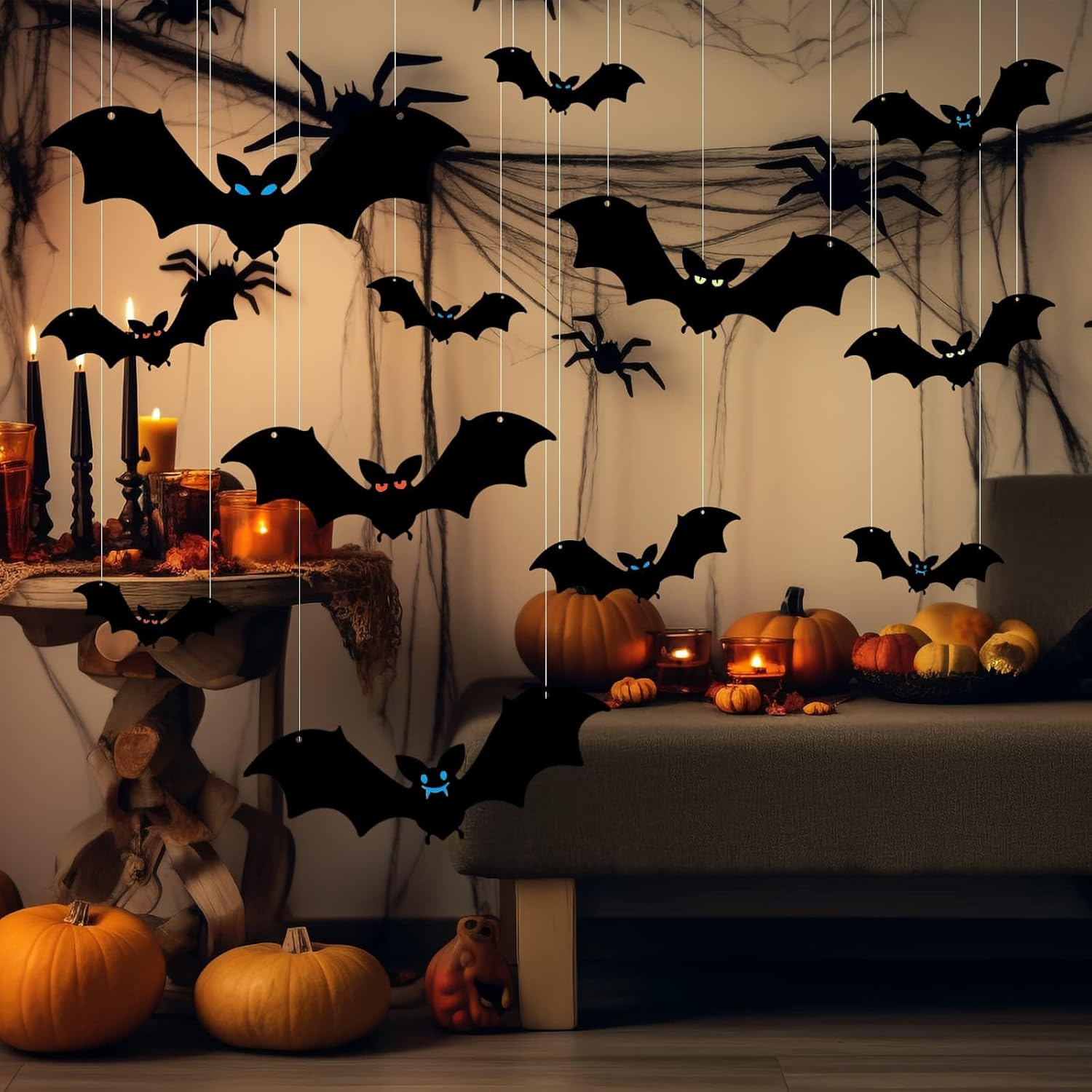 12 Pcs Hanging Bats Halloween Decorations Outdoor, Large Flying Plastic Bats Outdoor Halloween Decorations, 3 Different Size with Glowing Eye Stickers for Hanging in Tree, Yard, Porch, Lawn, Indoor image number 5