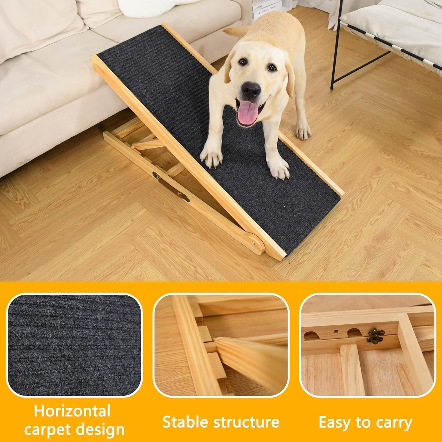Folding Dog Ramp 4 Levels Adjustable Wooden Portable Cats Ramp with Non Slip Carpet Surface for Bed Car Couch SUV (XL) image number 5