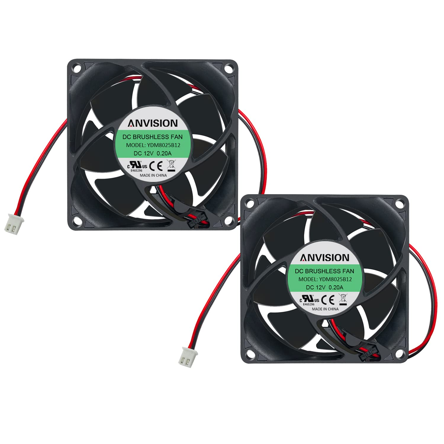 ANVISION 2-Pack 80Mm X 25Mm DC 12V Brushless Cooling Fan, Dual Ball Bearing, 2-Pin image number 1