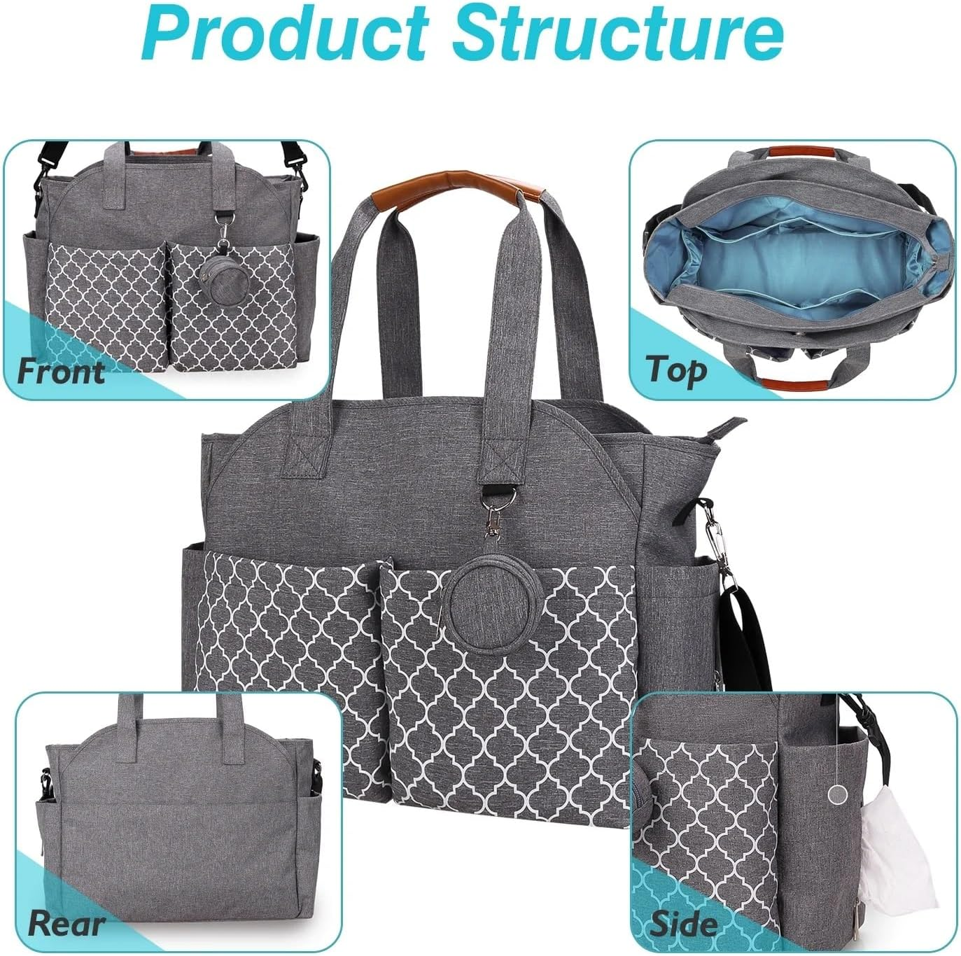 Diaper Bag Tote, Large Baby Changing Bag for Mom, Shoulder Mommy Bag with Pacifier Holder Case and Changing Pad, Baby Multi-Functional Travel Tote Diaper Bag with Adjustable Shoulder Strap, Grey image number 2