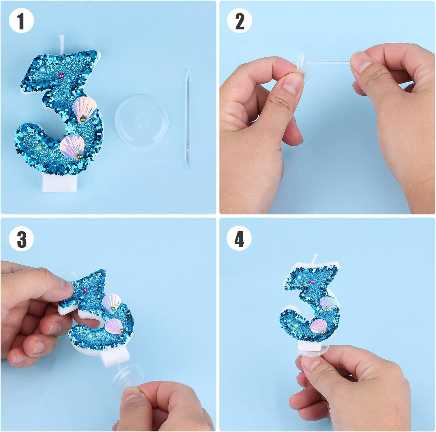 Savita 3 Inch Blue Glitter Number 3 Candle, Modern Starfish Theme, Birthday image number 3