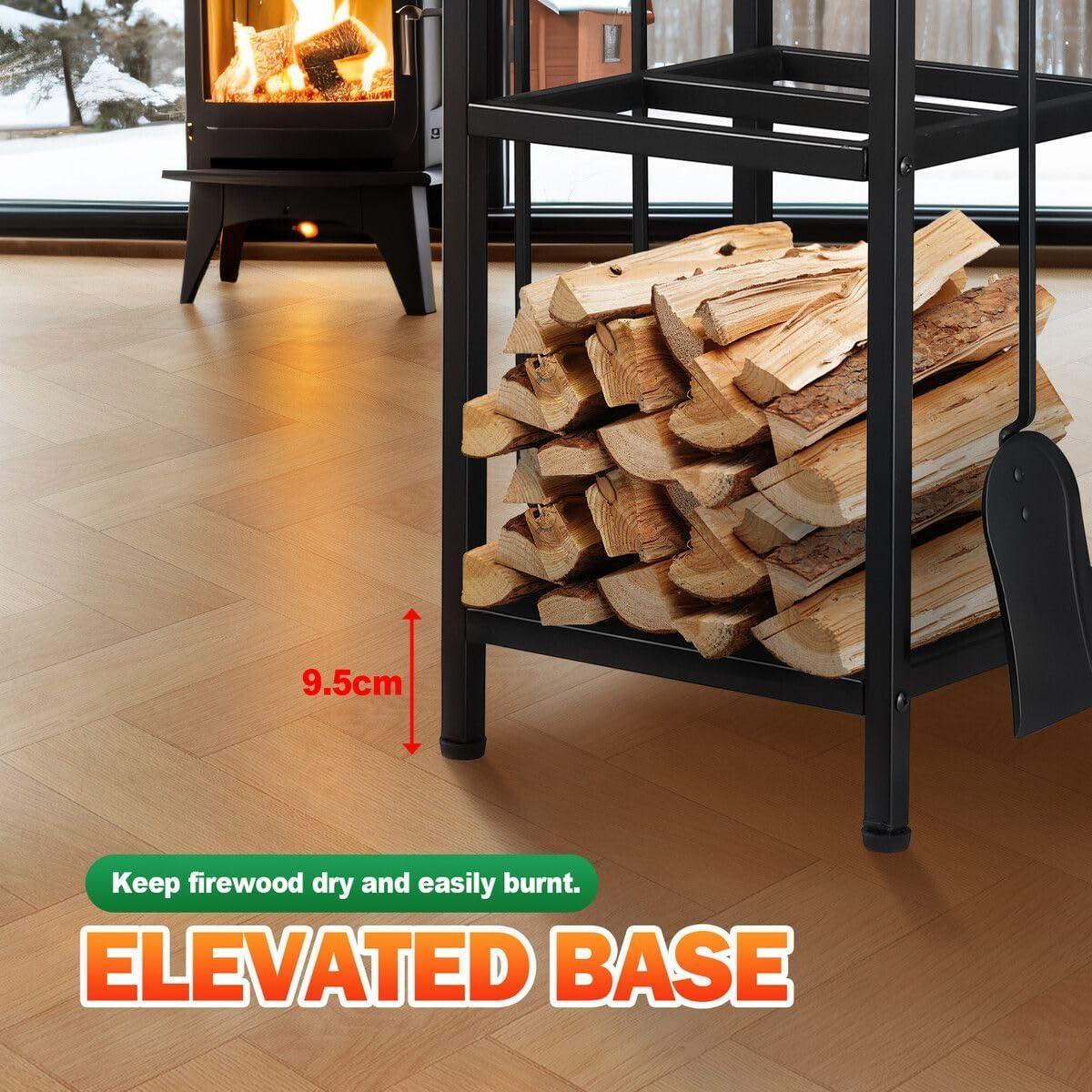 5In1 Firewood Storage Rack Fire Place Tool Kit Wrought Iron Firewood Log Storage Holder Firepit Tools Set for Fireplace, Fire Pit, Stove W/Hook, Broom, Shovel, Tongs - Black image number 2