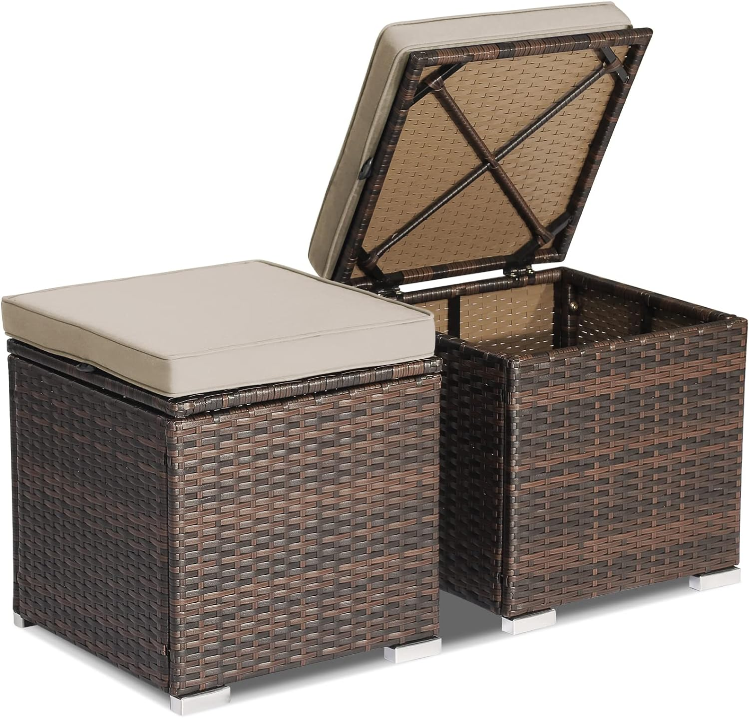 Costway 2-Pieces Patio Ottomans, Outdoor Hand-Woven PE Rattan Side Table W/Removable Cushion & Hidden Storage Space, Footrest, Storage Box, Seat for Patio, Backyard, Poolside (Beige (Cushion)) image number 5