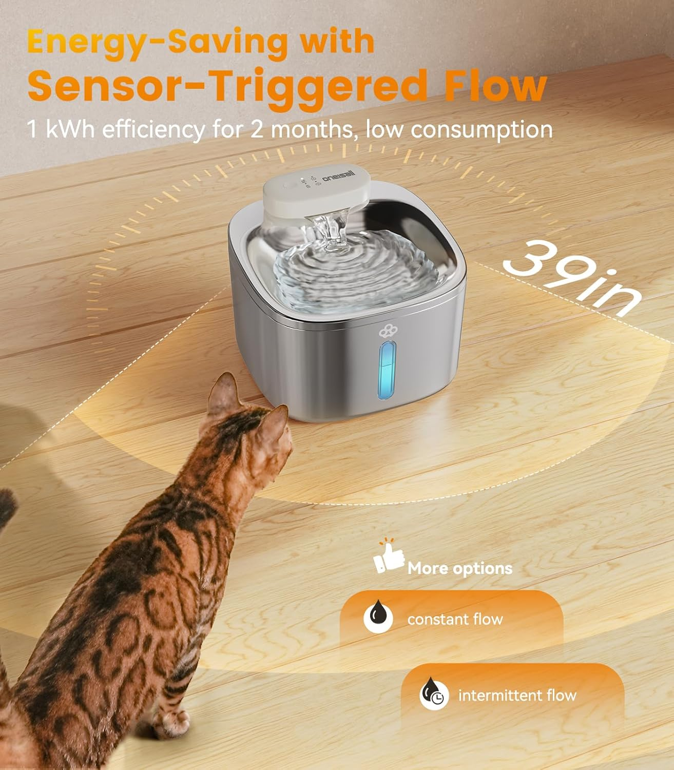 Oneisall Cordless Cat Water Fountain Battery Operated Stainless Steel, 3.5L Wireless Cat Water Fountain Rechargeable with Motion Sensor, Cat Fountain with Quiet Pump 3 Replacement Filters image number 2