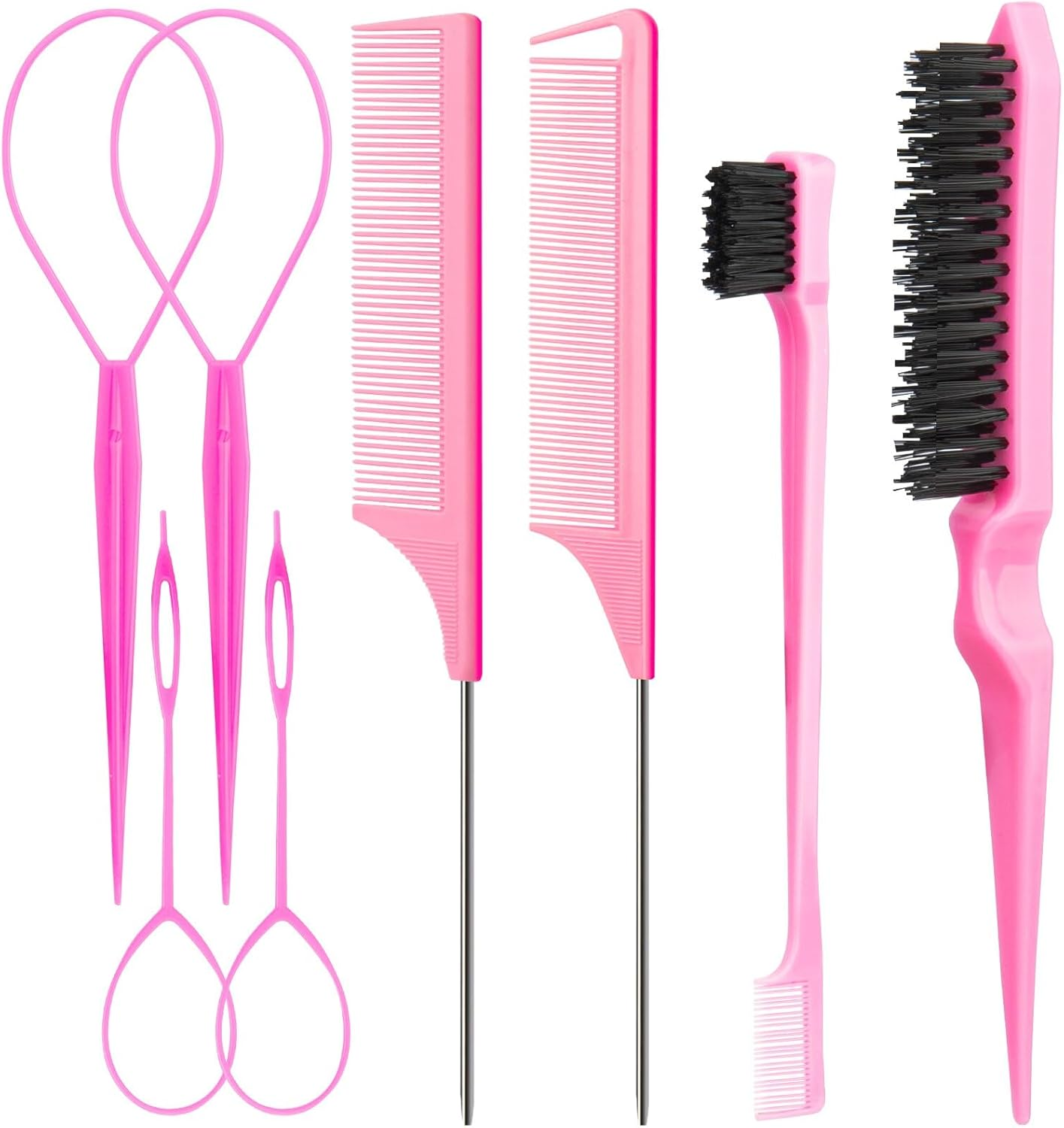 Aigee 8Pcs Hair Styling Combs Set Include 4Pcs Topsy Hair Tail Tools 2 Styles of Rat Tail Comb,1Pcs Bristle Teasing Slick Back Hair Brush,1Pcs Edge Control Brush,Eyebrow Brush for Woman Girl Pink image number 2