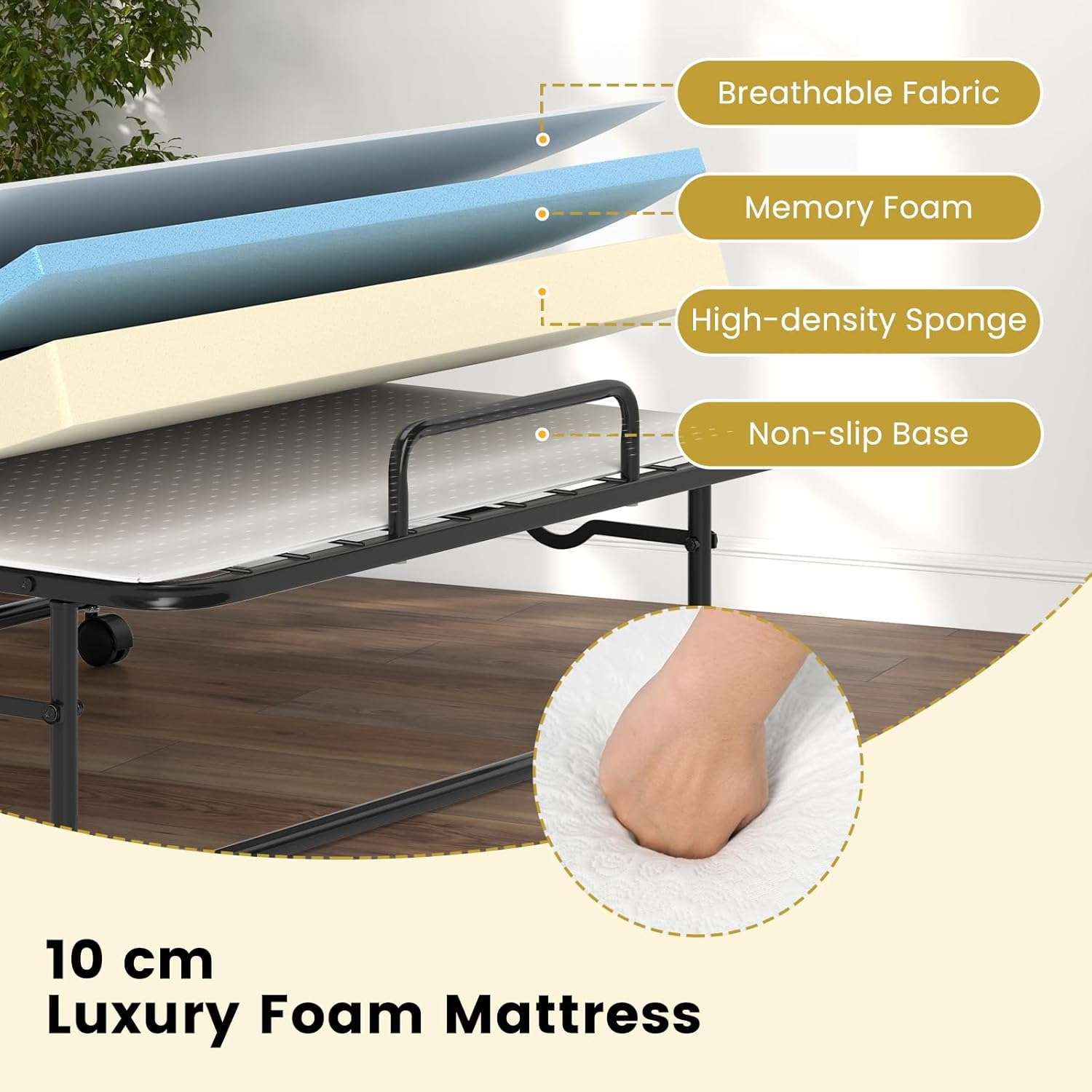 Giantex Folding Bed, Rollaway Guest Bed with Memory Foam Mattress & Heavy-Duty Metal Frame, Portable Sleeper Bed with Lockable Wheels for Guest Room, Apartment image number 6