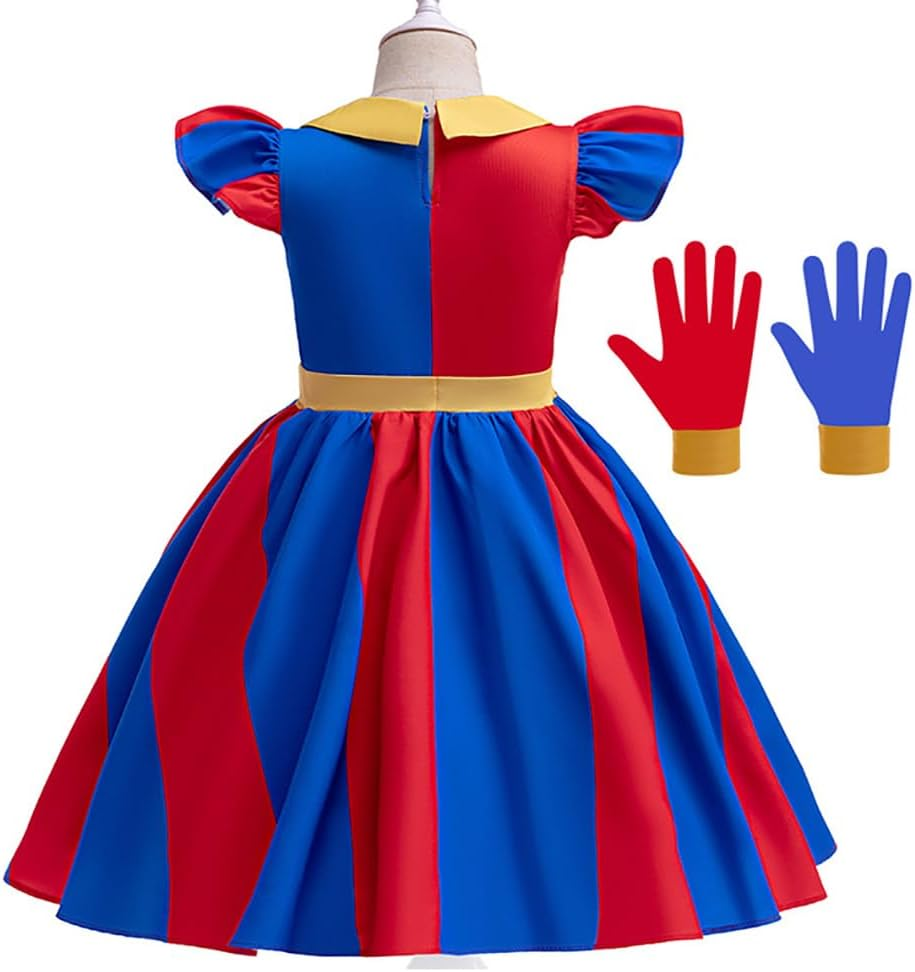 FYMNSI Kids Girls Halloween Costumes Circus Clown Cosplay Dress up Red Blue Striped Dress and Gloves Birthday Party Supplies image number 3