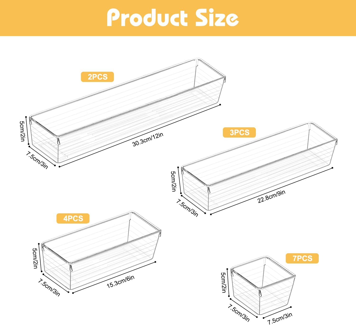 QUIENKITCH 16PCS Drawer Organiser Tray Set 4 Different Size Clear Plastic Desk Drawer Dividers Storage Bins for Makeup, Kitchen Utensils, Jewelries, and Gadgets &hellip;