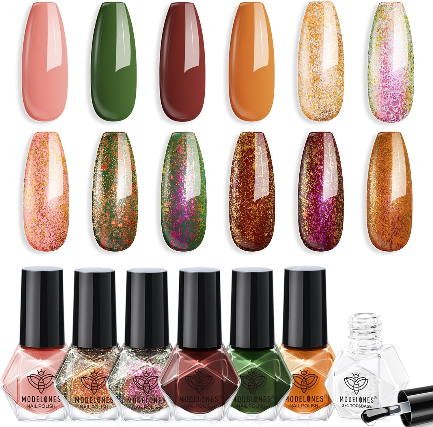 Modelones Complete Nail Polish Set Brown Nude Pink Gold Glitter Shimmer Quick Dry Nail Lacquer Kit with Nail Remover Sticker Base&Top Coat, Light Pink 6 Colors DIY Home Manicure for Women Girls