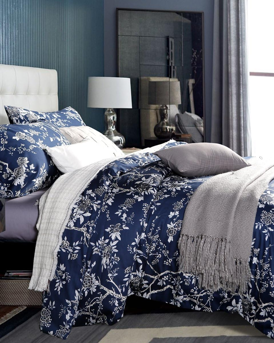 Eastern Floral Chinoiserie Blossom Print Duvet Quilt Cover Navy Blue Tan White Asian Style Botanical Tree Branches Ornamental Drawing 400TC Egyptian Cotton 3Pc Bedding Set (King) image number 3