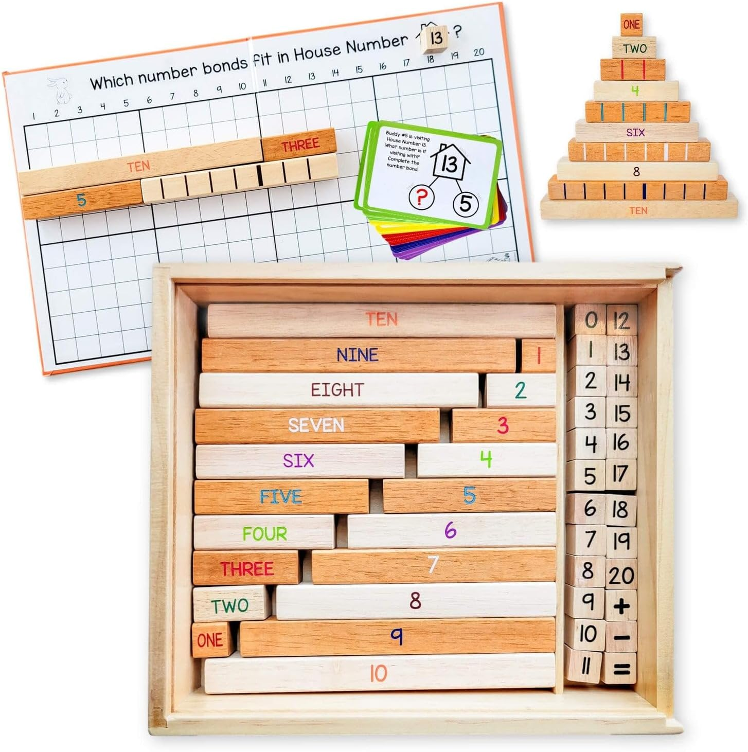 LITTLE BUD KIDS House of Number Buddies Maths Game, a Number Bonds Maths Toy with Number Rods and Addition & Subtraction Flash Cards, Montessori Material for Kids 4-8 Years Old image number 2