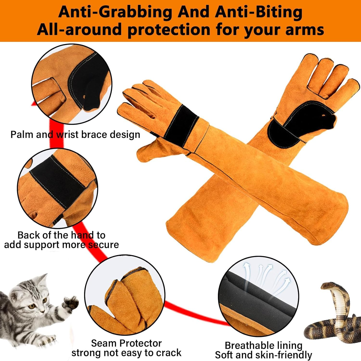 Animal Handling Gloves Bite Proof Double Leather Reinforced Padding Dog,Cat Scratch,Bird Handling Falconry Gloves Grabbing Reptile Squirrel Snake Bite 60CM Comfort and Extra Heat Protection.