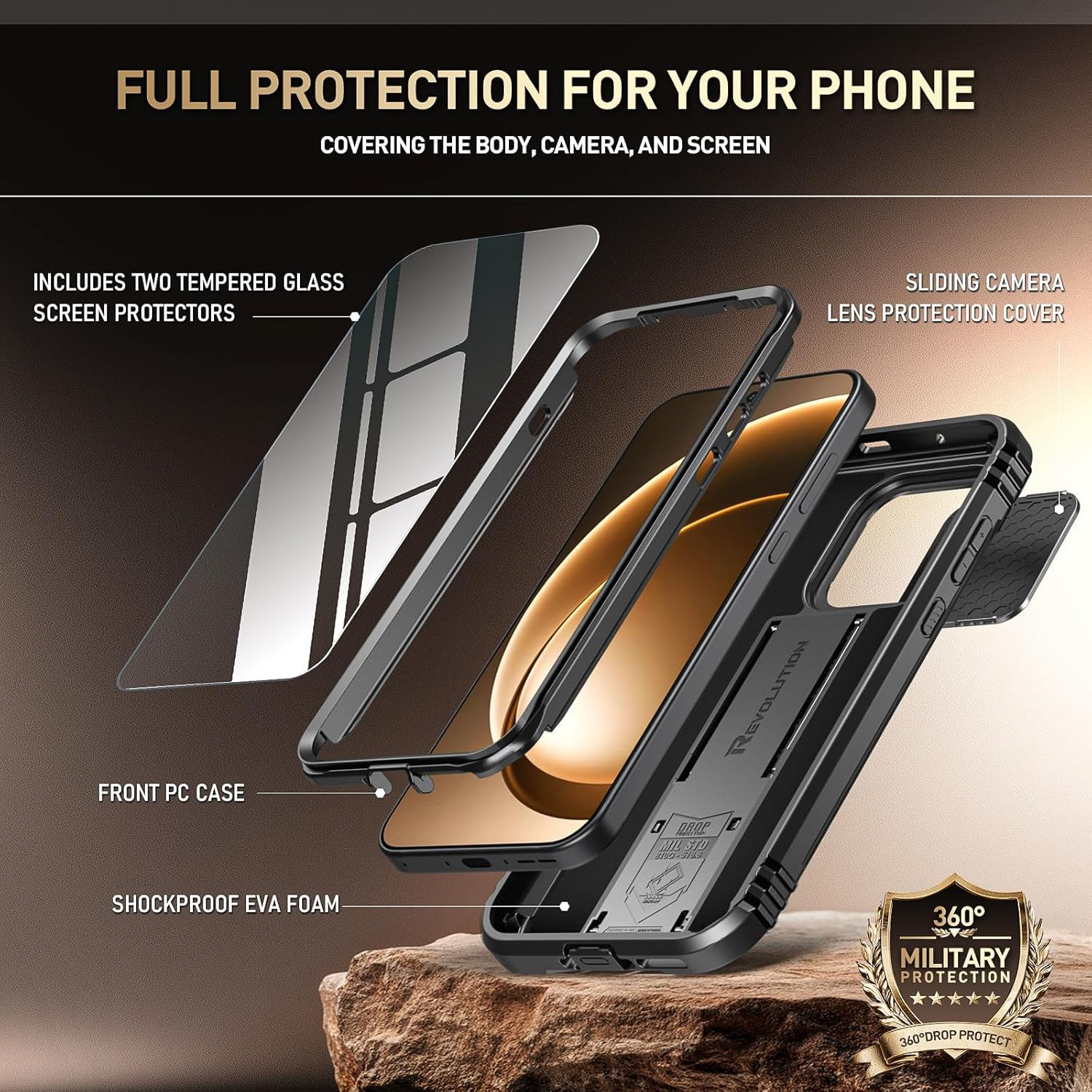 Poetic Revolution Case for Oneplus 15 5G, | Slide Camera Cover | 2 Tempered Glass Screen Protector | 20FT Mil-Grade Drop Tested | Full-Body Rugged Dual-Layer Shockproof Case with Kickstand, Black - Light Blue image number 4