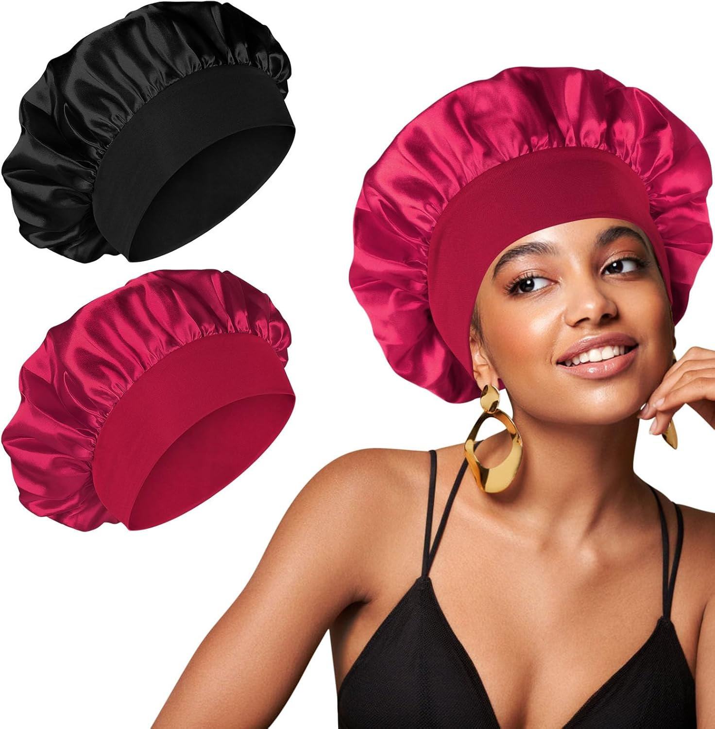 2 Pcs Silk Hair Wrap for Sleeping, Stain Bonnets Hair Bonnet with Wide Elastic Band, Soft Night Sleep Cap for Women Girls, Curly Hair Care Head Cover for Night Sleep (Black+Beige) - Black+Navy Blue image number 5