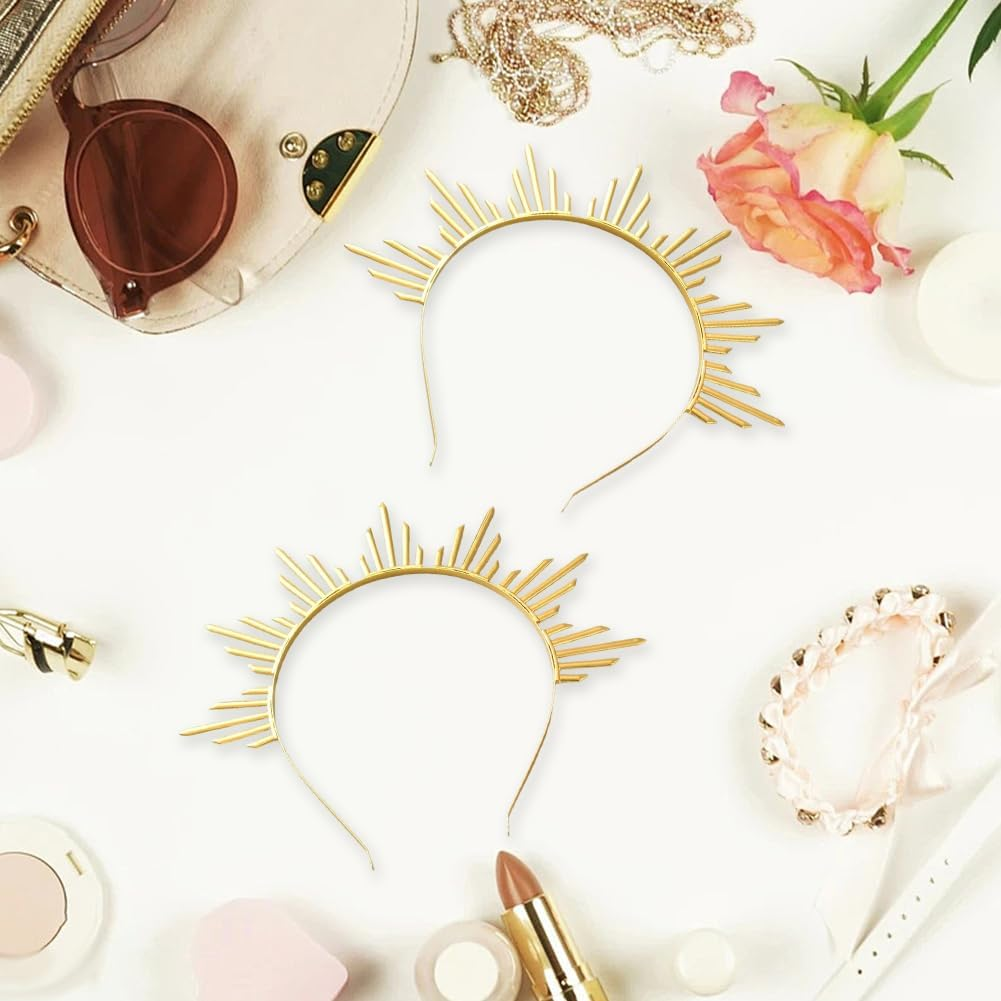 2Pcs Gold Sun Goddess Halo Crown Renfaire Sunburst Zip Tie Spikes Angel Celestial Headband Cosplay Costume Renaissance Headpiece Hair Bands for Women Halloween Wedding Party Hair Accessories image number 5