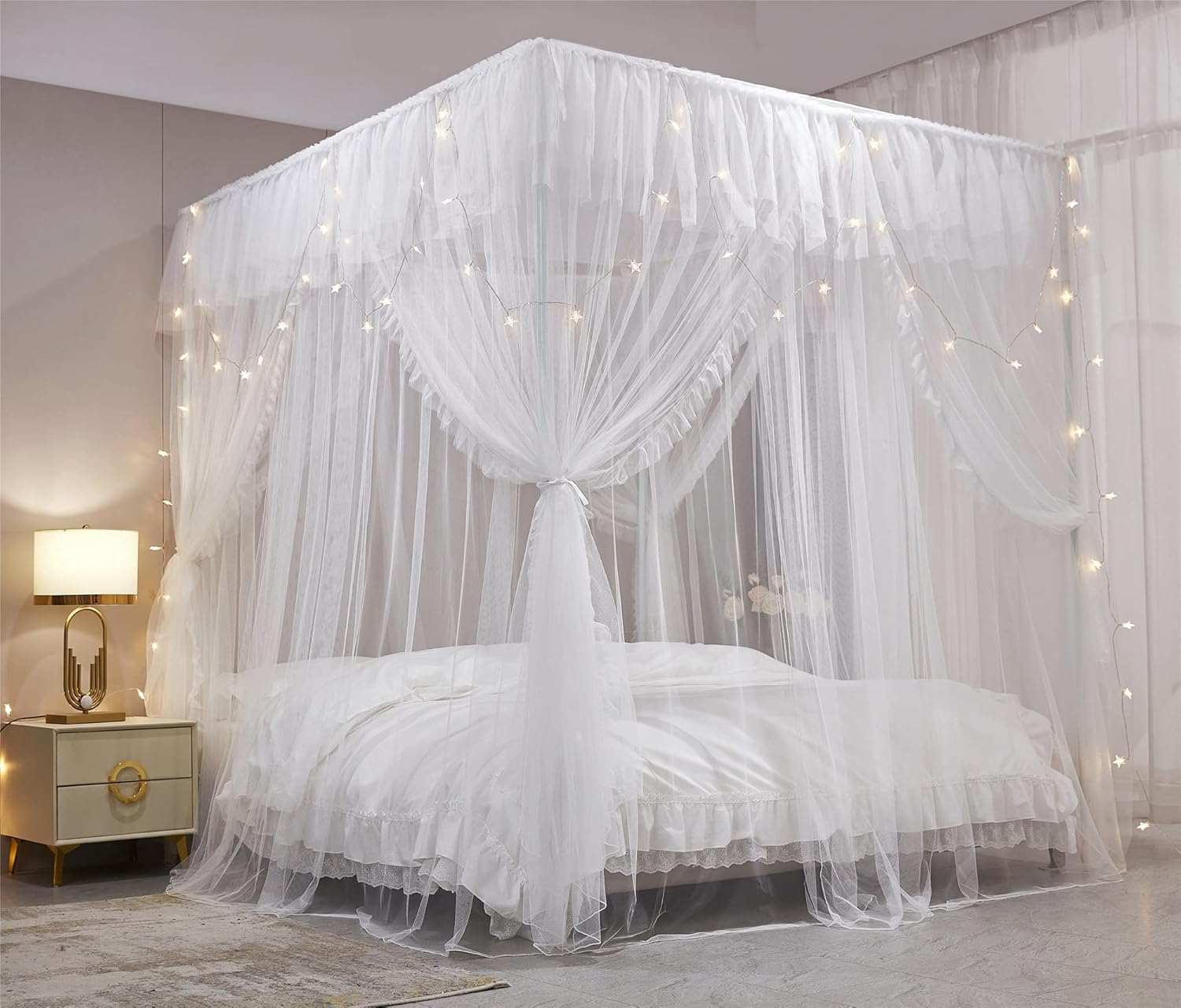 VETHIN 4 Corners Post Ruffle Princess Bed Canopy Curtain-Double Layer Cozy Drape Netting 4 Opening Mosquito Net for Girls Adults Bedroom Decoration (White/White, 59" W*82" L*82"*H/(Queen)) image number 4