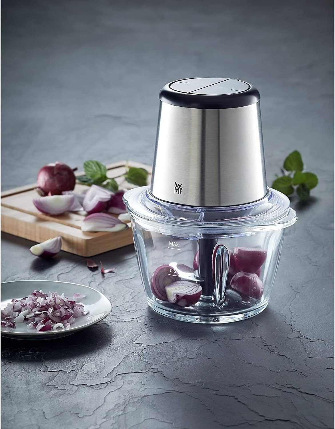 WMF Kult X Edition Electric Chopper with Glass Container, Flash Chopper 320 W, 2 Speed Levels, Large Mixing Container, Cromargan Matt image number 1