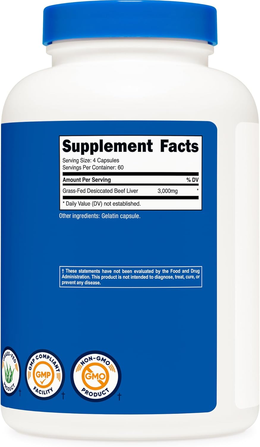 Nutricost Grass Fed Desiccated Beef Liver Capsules 3000Mg (750Mg per Cap) - No Hormones, Non-Gmo, Gluten Free, Pasture-Raised, Free Range Beef (240 Count (Pack of 1))