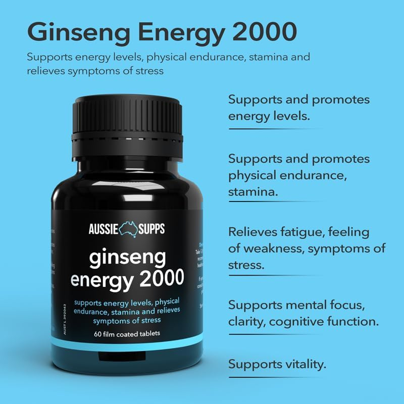 Aussiesupps Ginseng Energy 2000 &ndash; Triple Ginseng Blend for Energy, Stamina, Focus and Vitality with Korean Ginseng, Siberian Ginseng, and American Ginseng (60 Tablets) image number 1