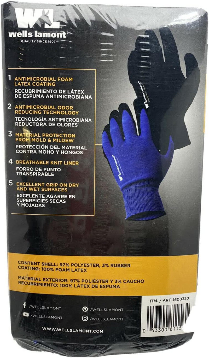 Wells Lamont Men'S Antimicrobial Work Gloves Foam Latex Coating Knit Liner Black/Blue -10 Pairs Large