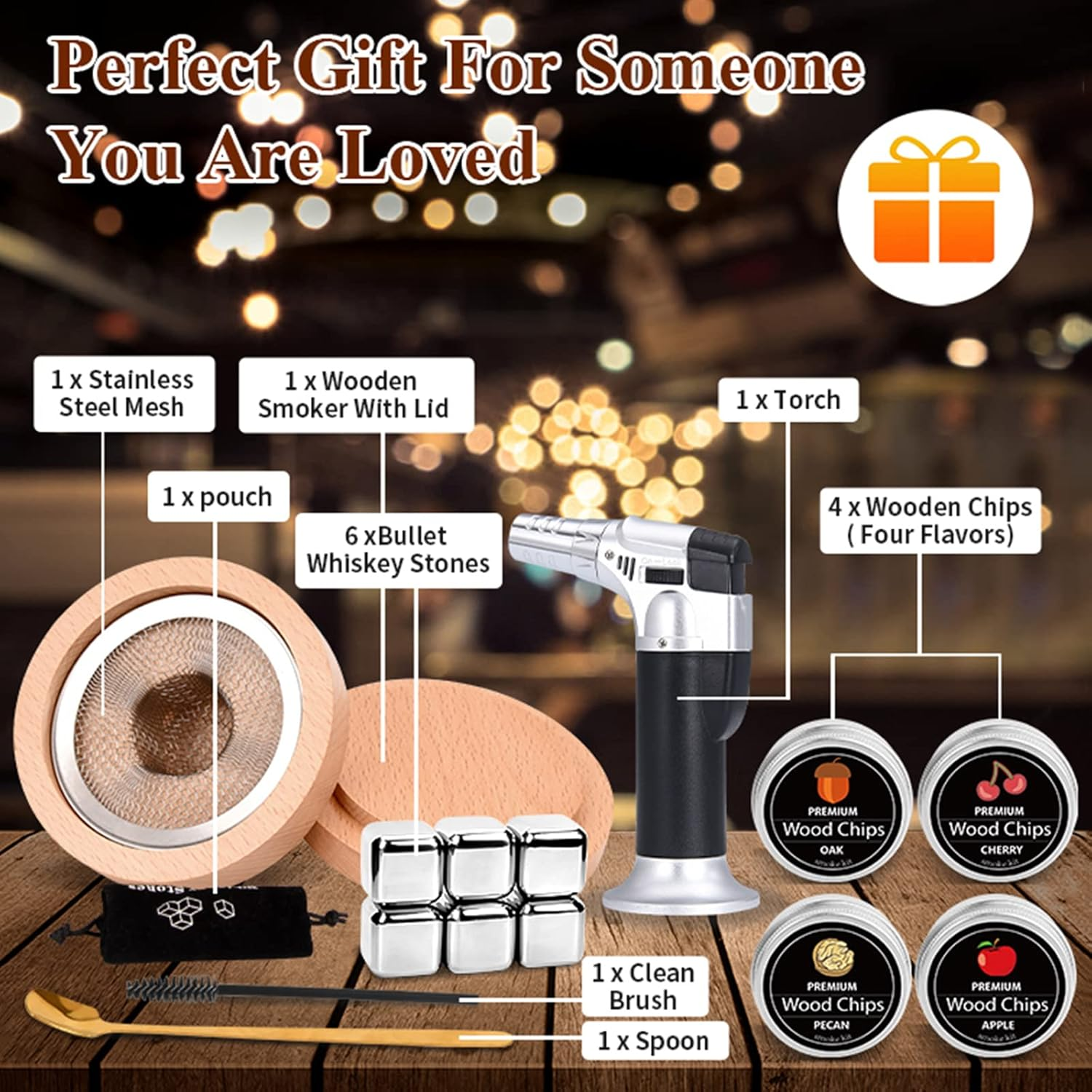 Roseflower Cocktail Smoker Kit with Torch, Old Fashioned Bourbon Drink Smoker Infuser Kit Meat Cheese Salad with 4 Flavors Wood Chips, Ideal Gifts for Whiskey Lovers, Dad, Husband, Men, Ice Cube*6 image number 5