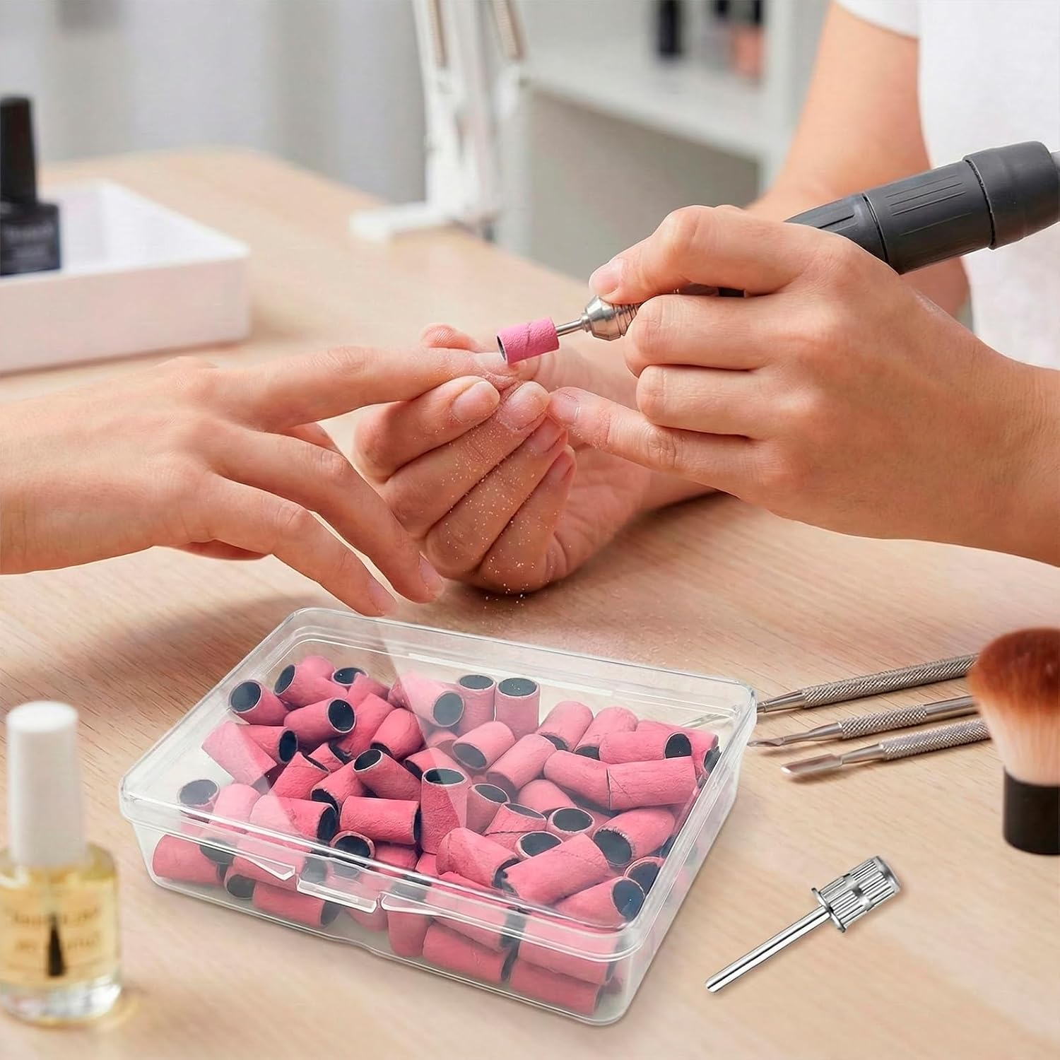 BGENHPON Sanding Bands for Nail Drill 100Pcs 180 Grit Nail Sanding Band Pink with 2 Pieces 3/32 Inch Nail Drill Bits and Box for Beauty Salon Accessories Manicure and Pedicure Tools image number 3