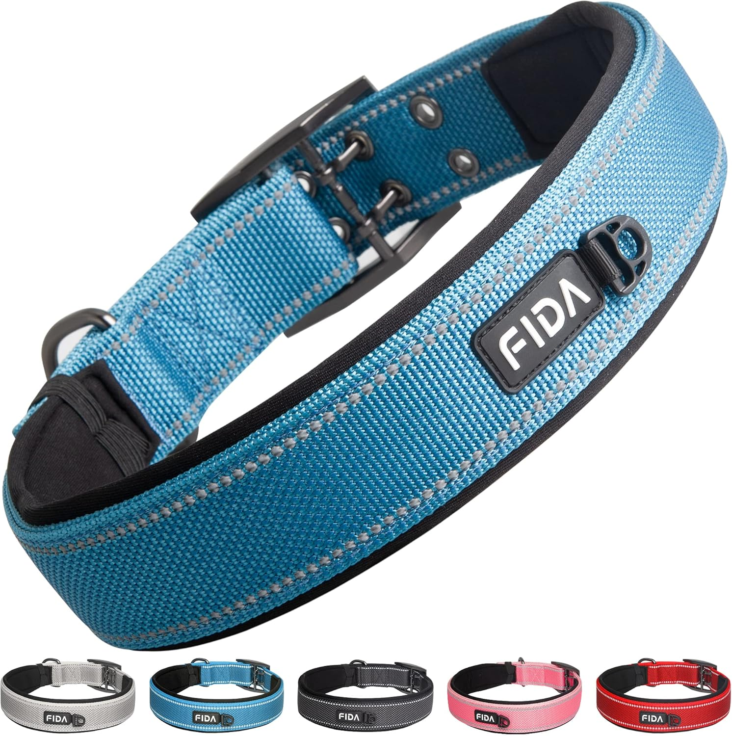 Fida Heavy Duty Dog Collar, Ultra Comfortable Soft Neoprene Padded, Adjustable Reflective Nylon Pet Collar with Durable Metal Belt Buckle for Medium Breeds (M, Blue)